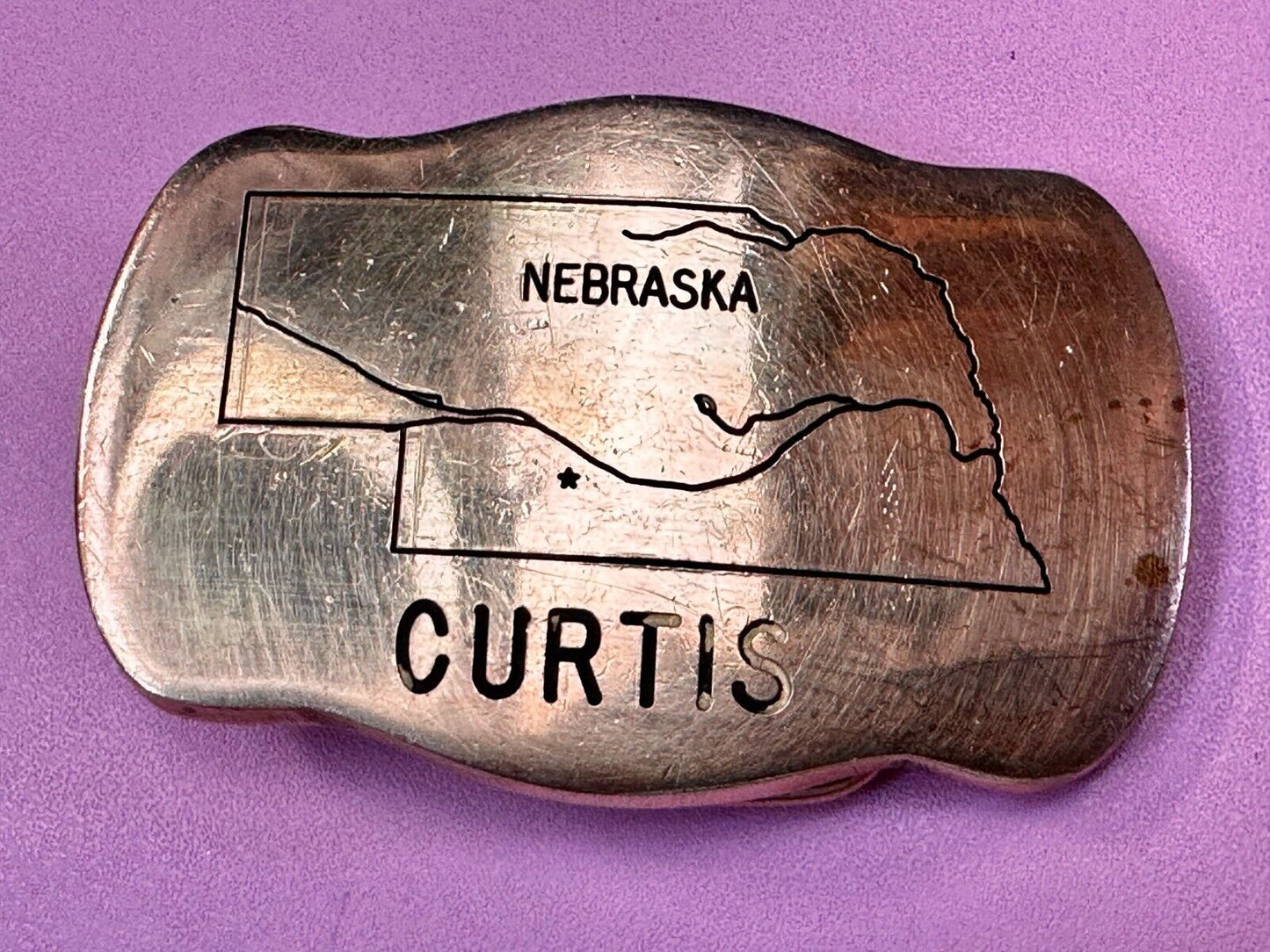 The Great States of NEBRASKA Map City of Curtis Commemorative Brass Belt Buckle