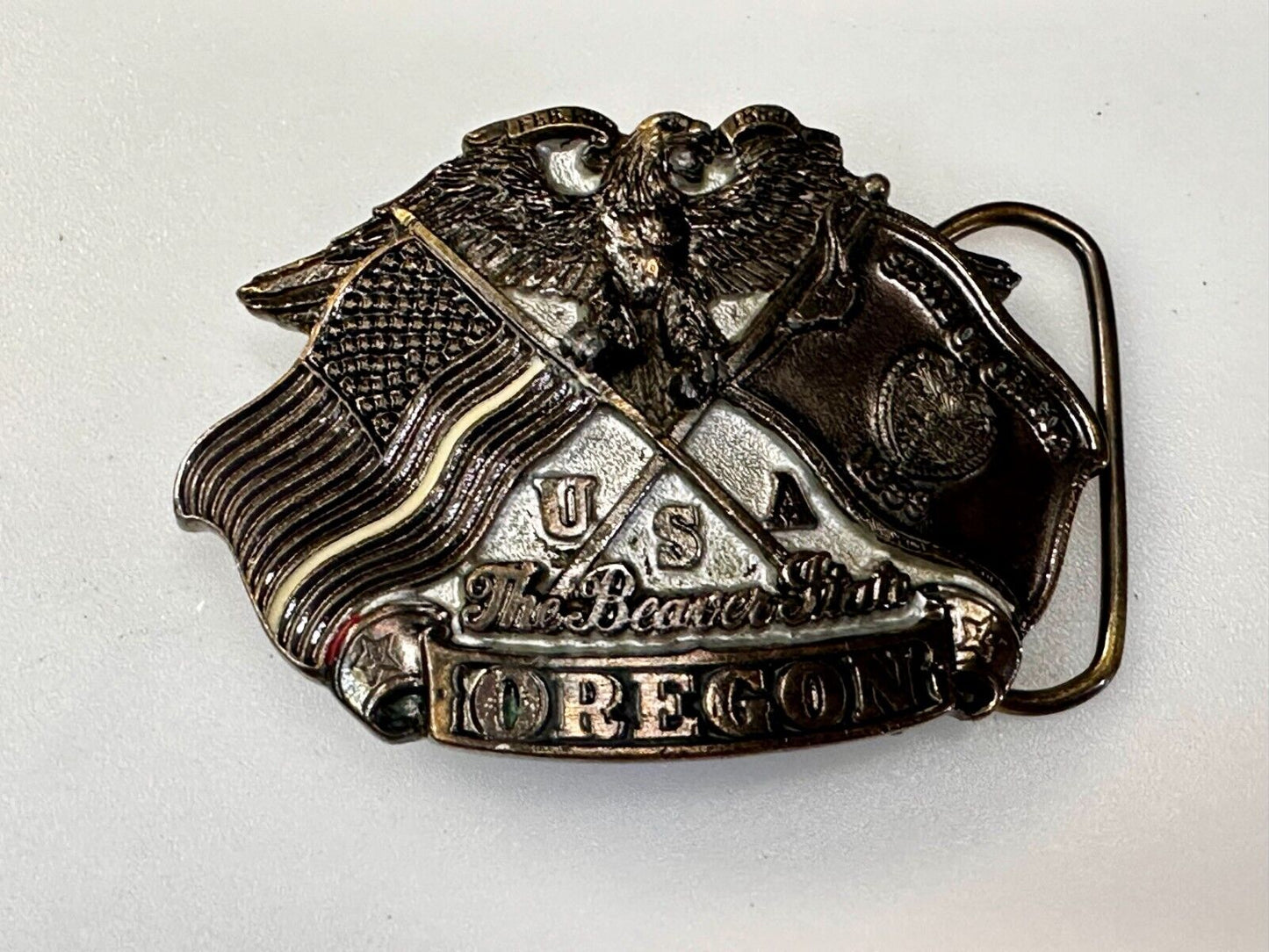 The Beaver State OREGON American Flag Eagle Seal 1987 Commemorative Belt Buckle