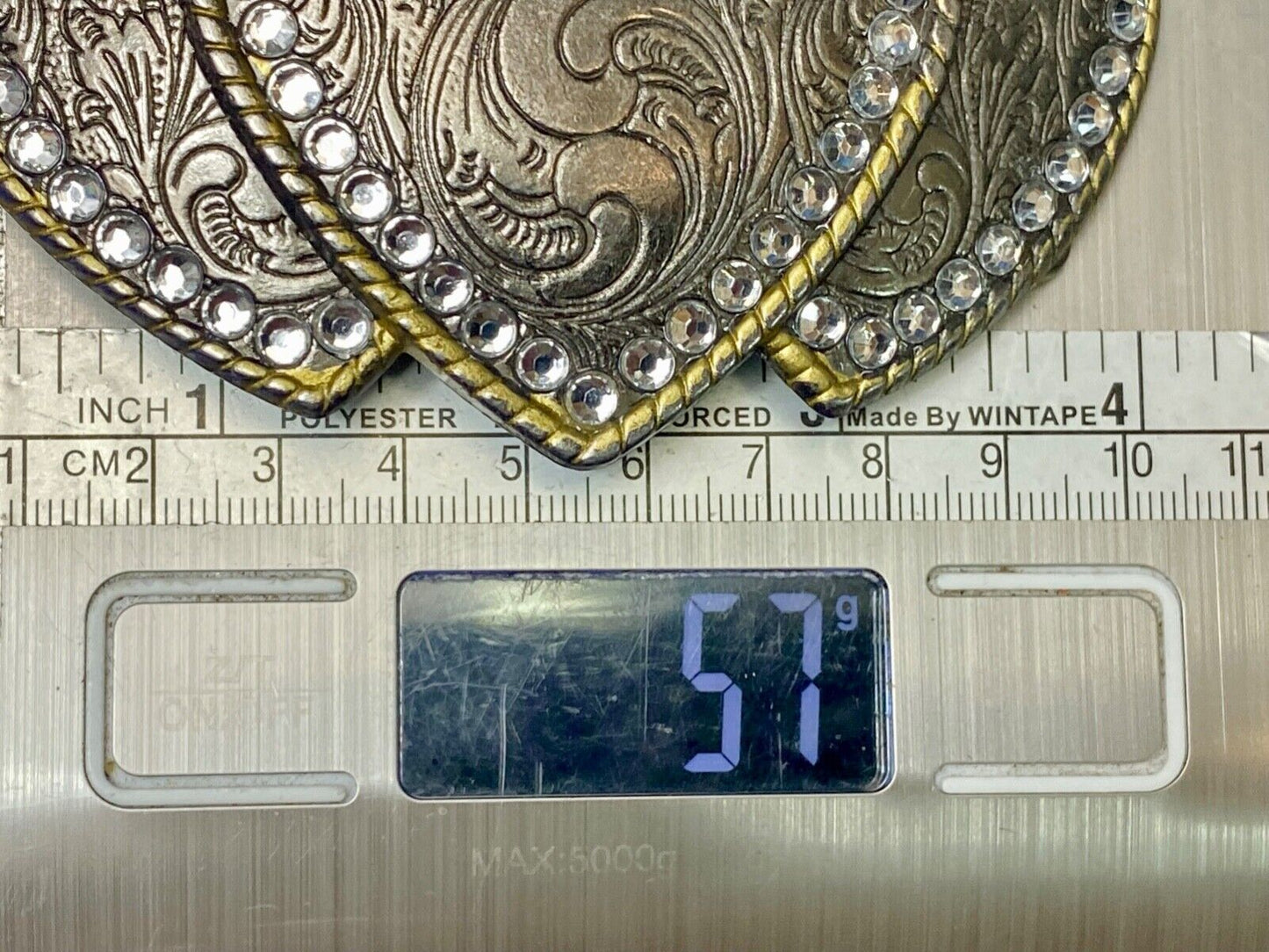 Three hearts ornate flower swirl belt buckle with thick rhinestone boarder