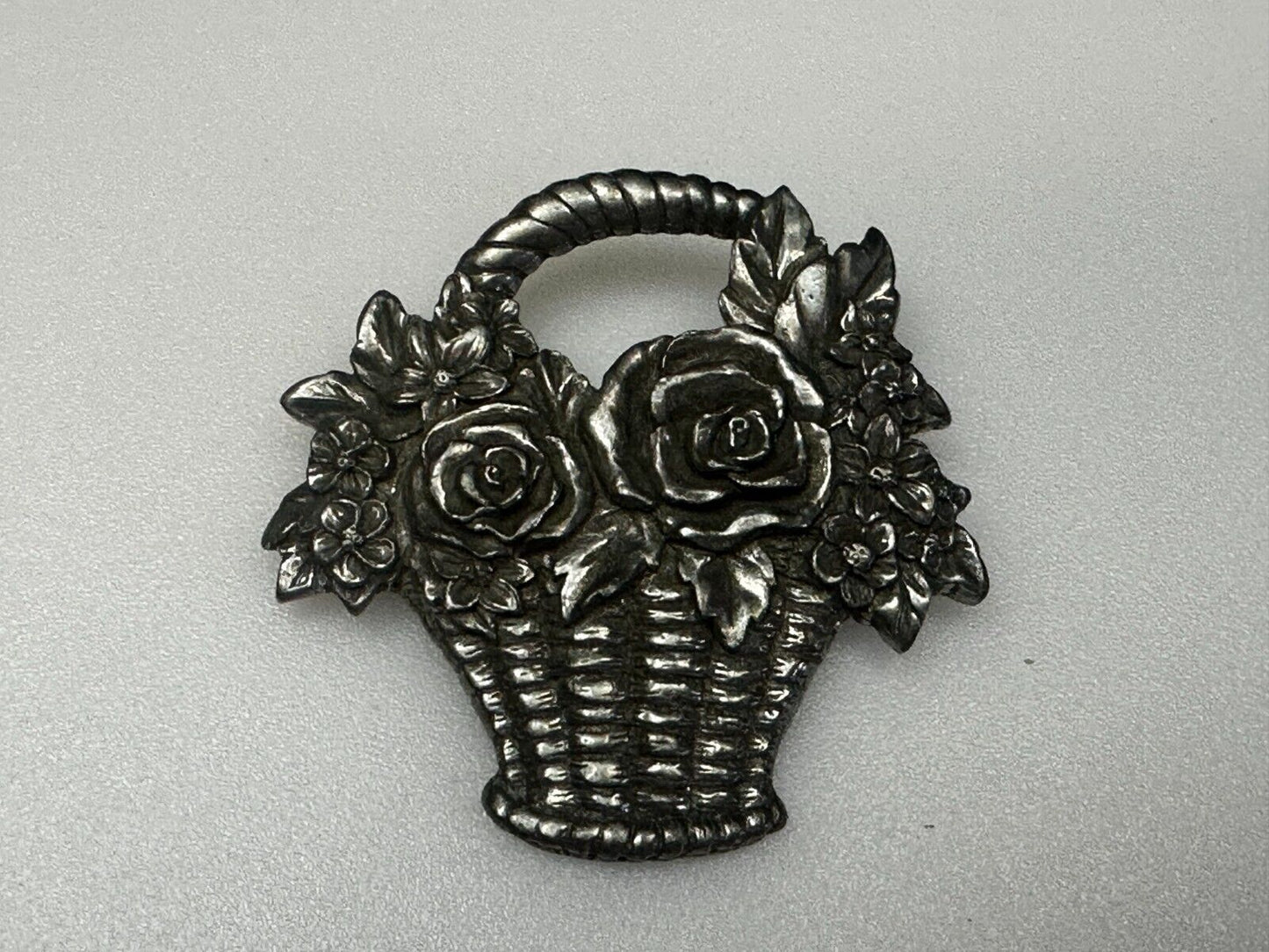 Vintage 1980's Flower Basket Floral Pewter Brooch Pin Signed Seagull Canada