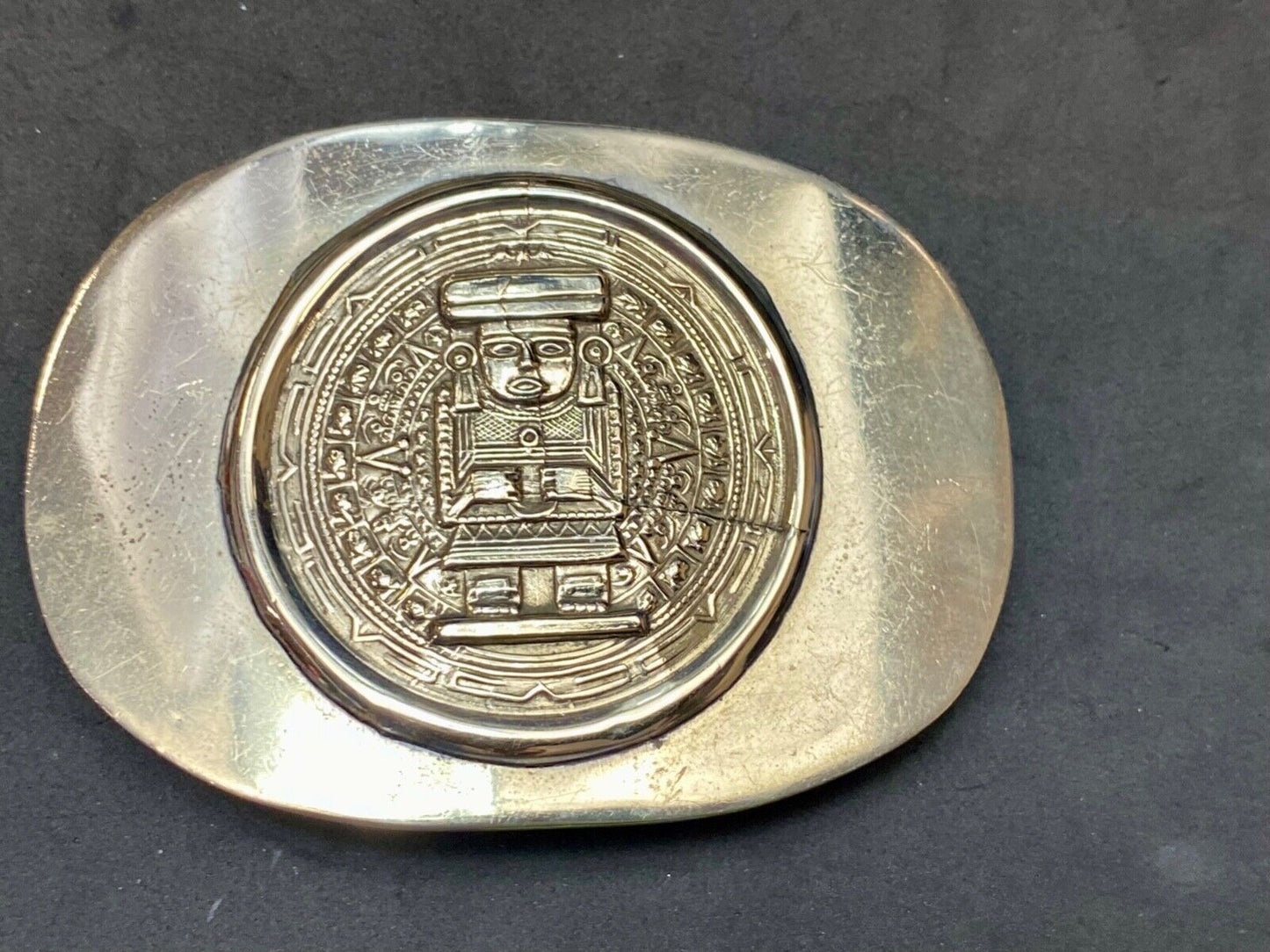 Aztec Calendar Person Figure silver tone? Belt Buckle Mayan Indian