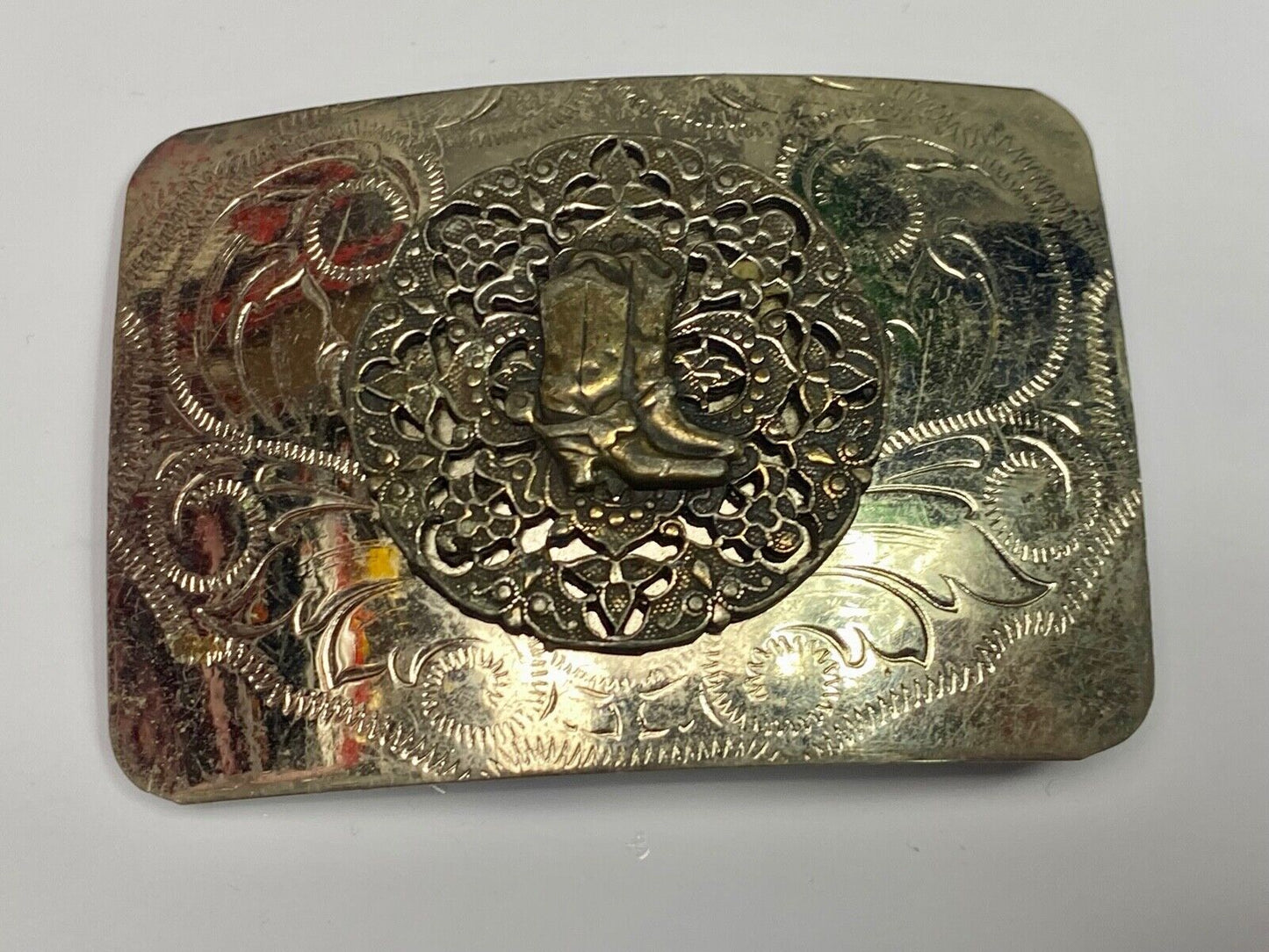 Beautiful Ornate Cowboy Boots W/ Spurs Western Vintage Flower Swirl Belt Buckle