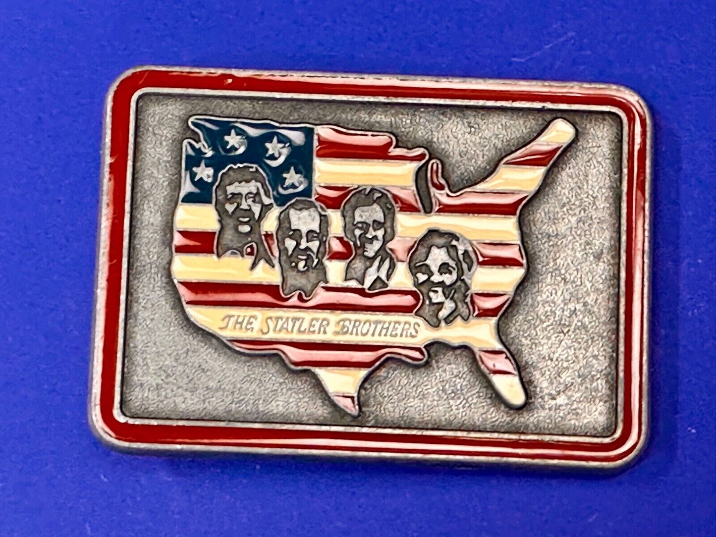 The Statler Brothers American Flag Country Shaped background band belt buckle