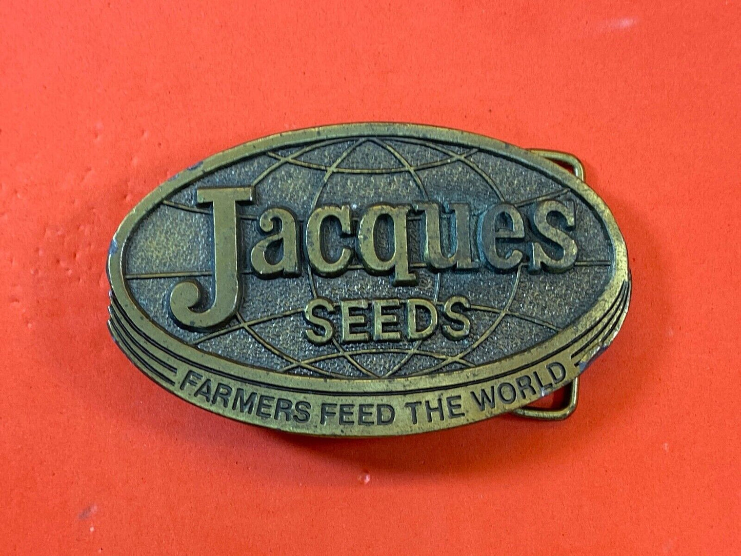 Vintage 1977 Jacques Seeds belt buckle - Farmers feed the world by lewis
