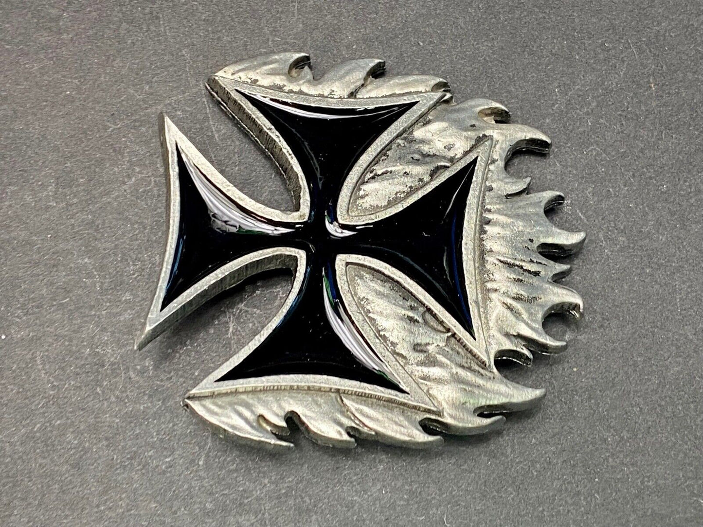 Black Enamel Maltese Cross w/ flames - NOS Monster belt buckle 2000 Mobtown USA