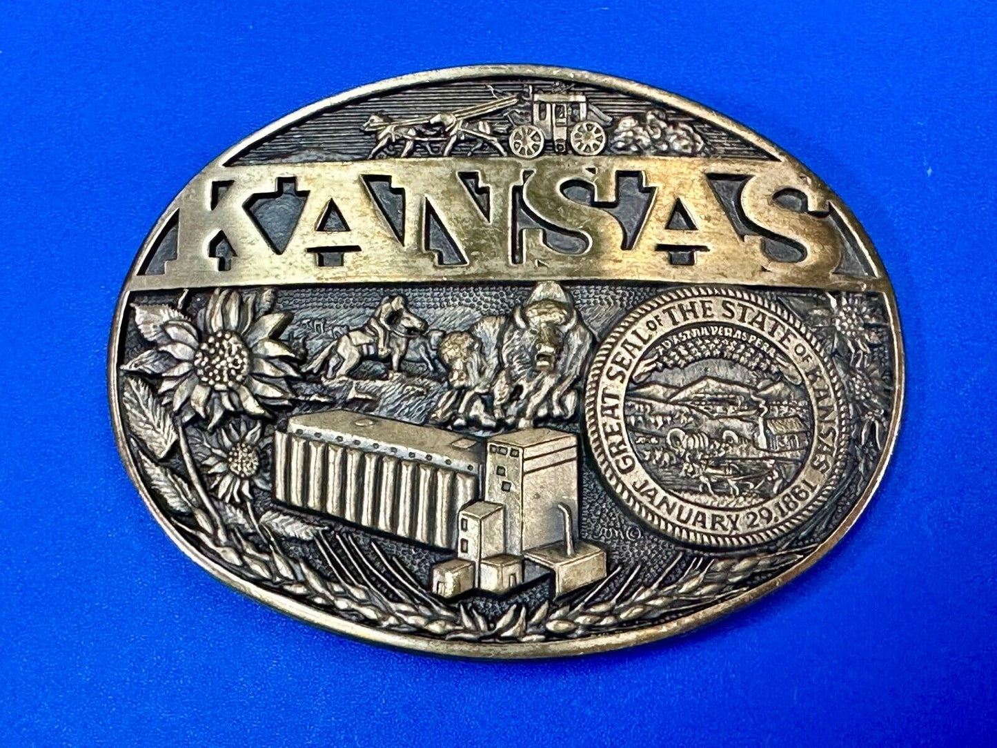The Great State of Kansas Vintage Solid Brass ADM Belt Buckle