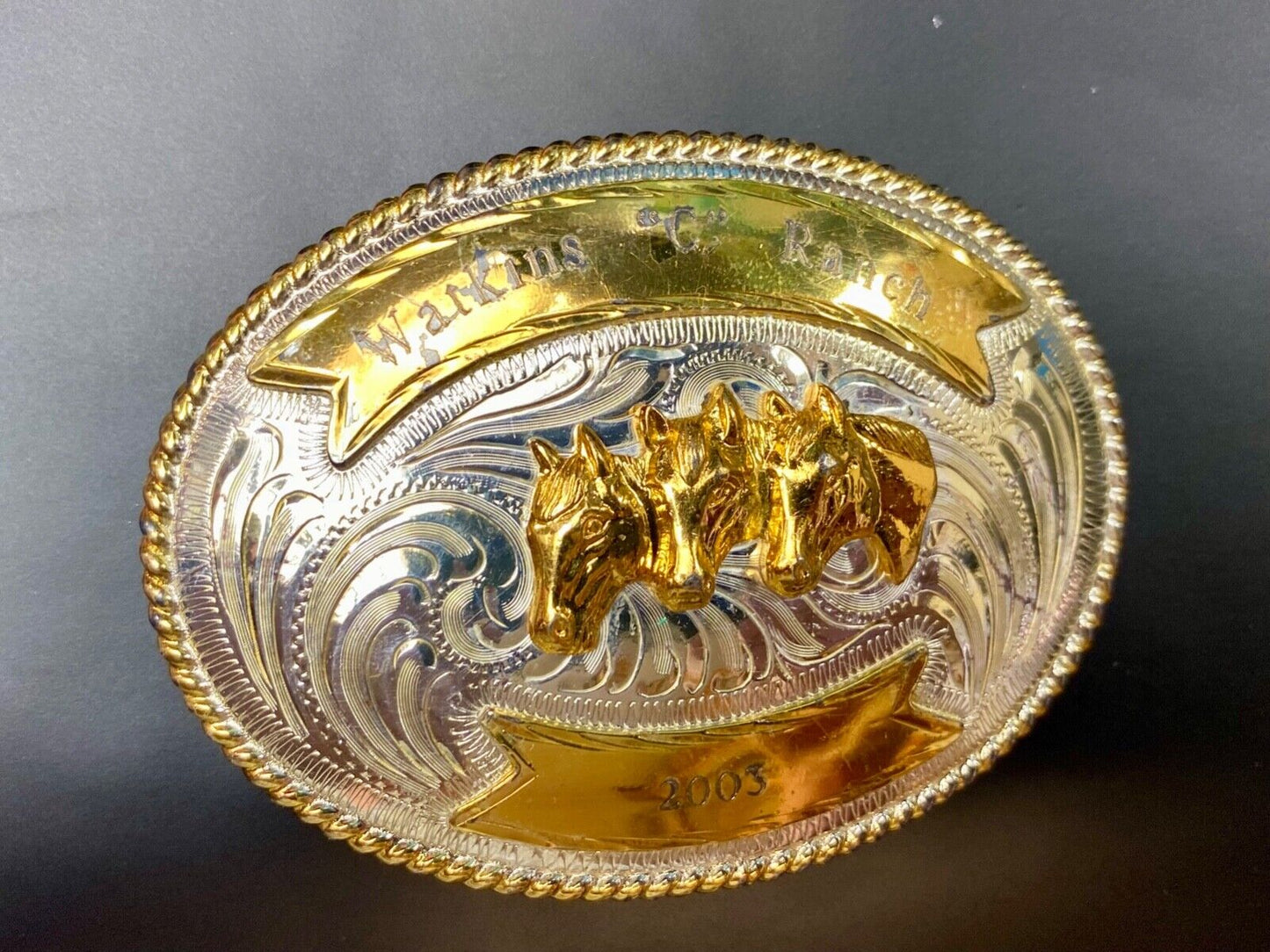 Three Horse heads silver tone? western belt buckle from Mexico- engraved ribbon