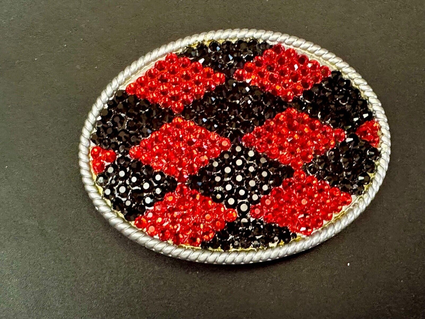 Black & Red rhinestone Checkerboard pattern covering 3.75" wide belt buckle