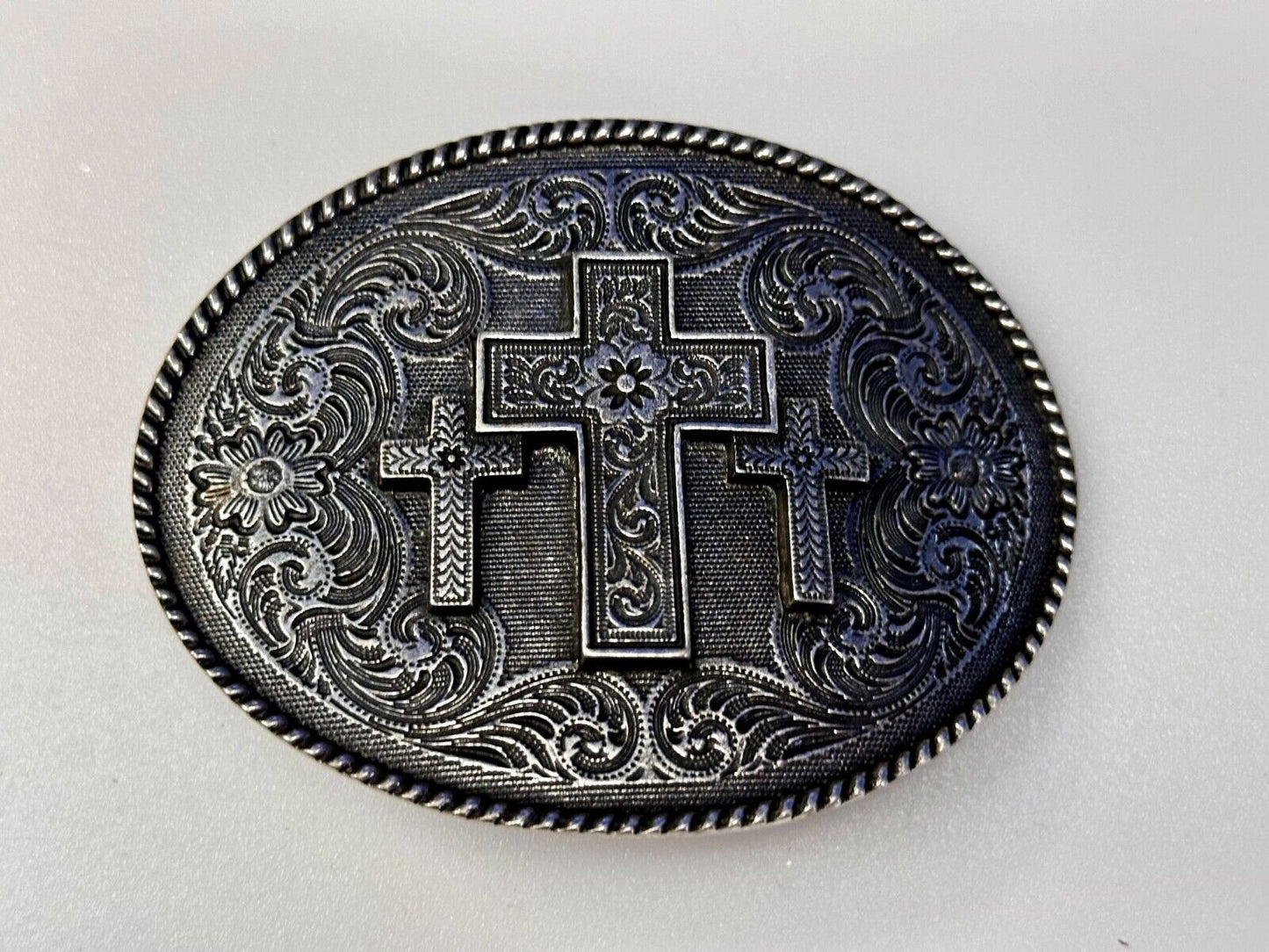 Three Cross Religious Faith Christian Flower Swirl Western Belt Buckle by Taylor