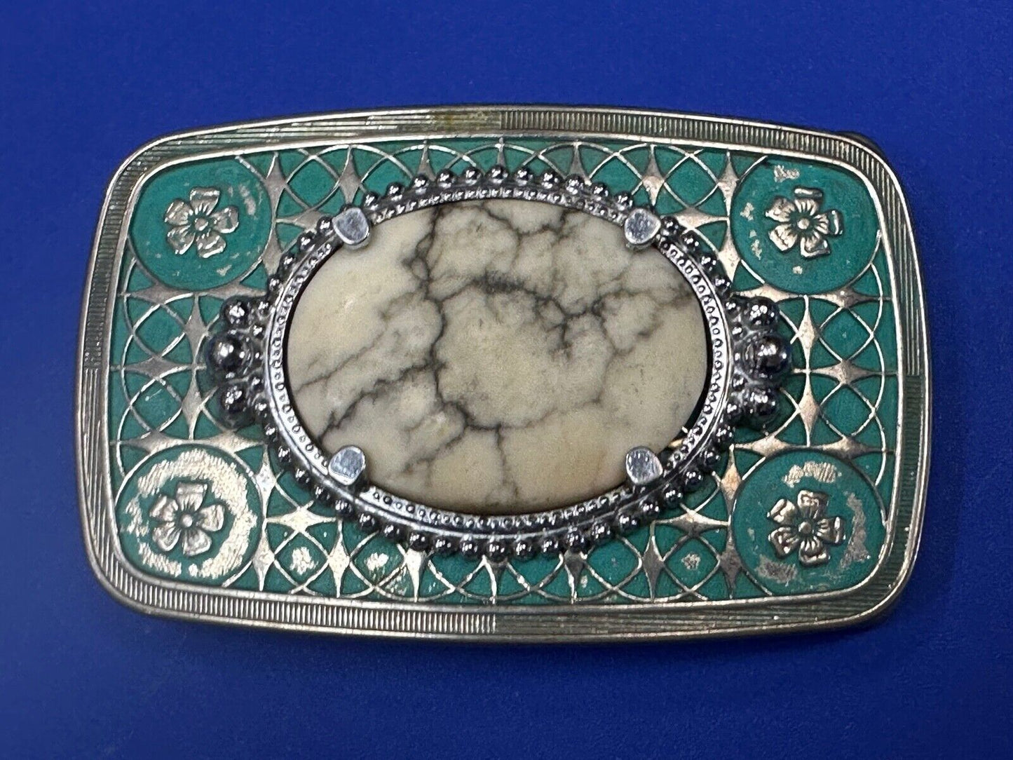 vintage Magnesite cabochon cab stone centerpiece on western belt buckle