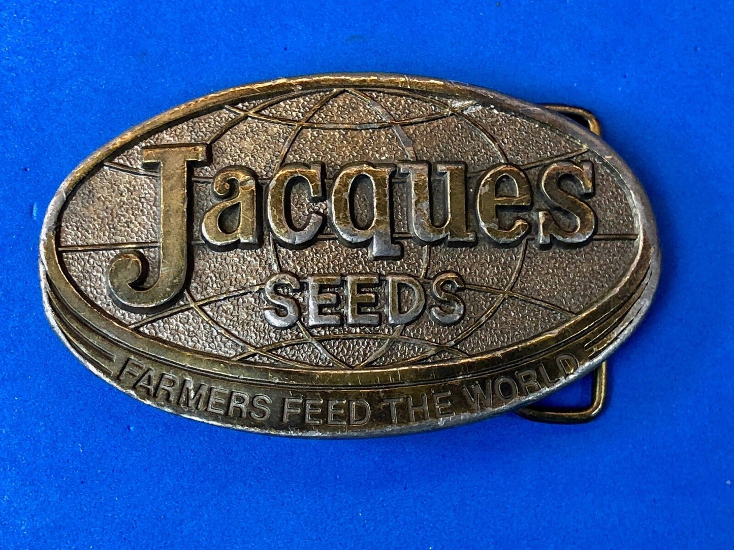 Vintage 1977 JACQUES SEEDS farmers feed the world belt buckle