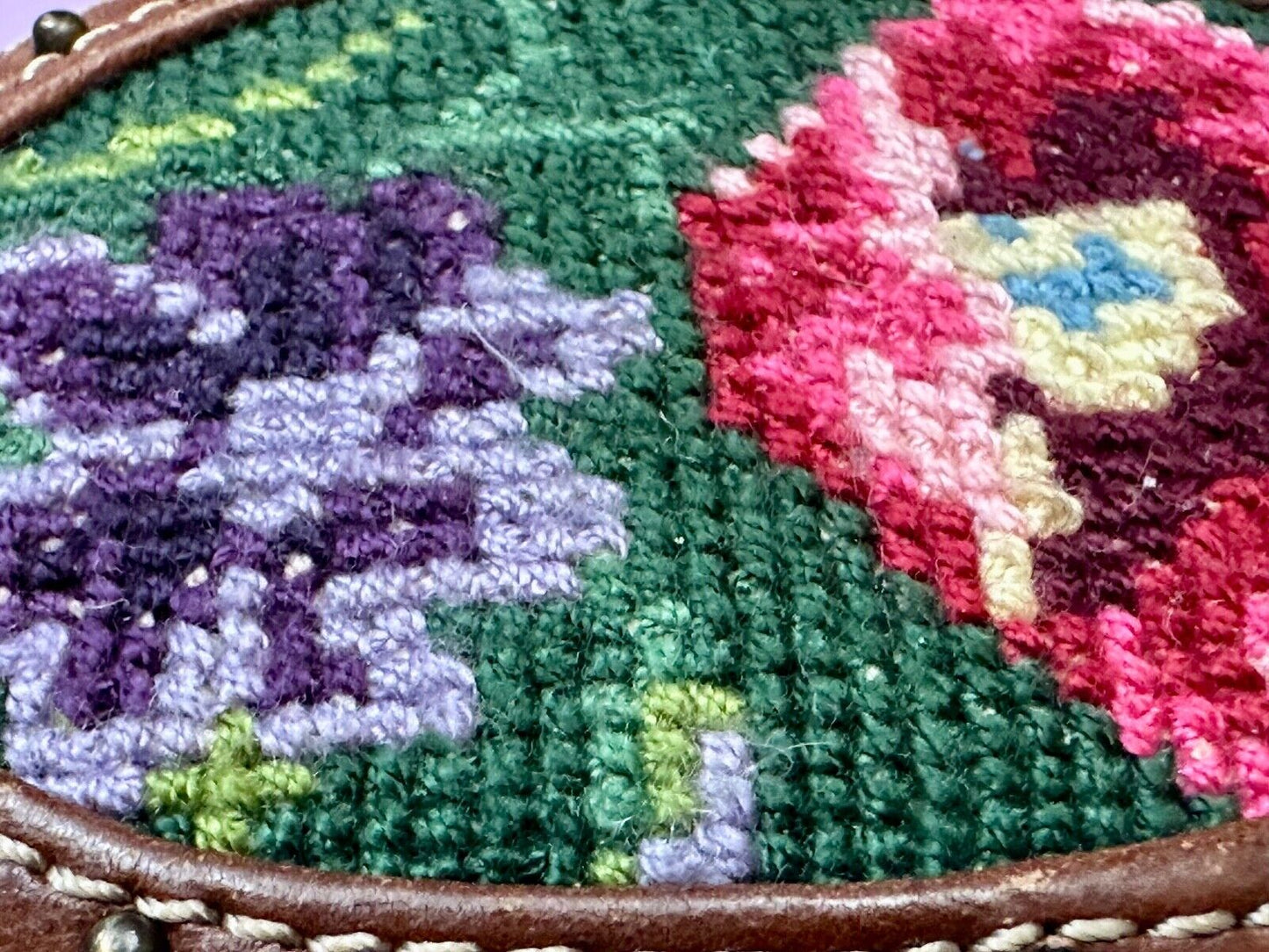 Beautiful Flowers Artisan cross-stitched on brown leather Vintage Belt Buckle