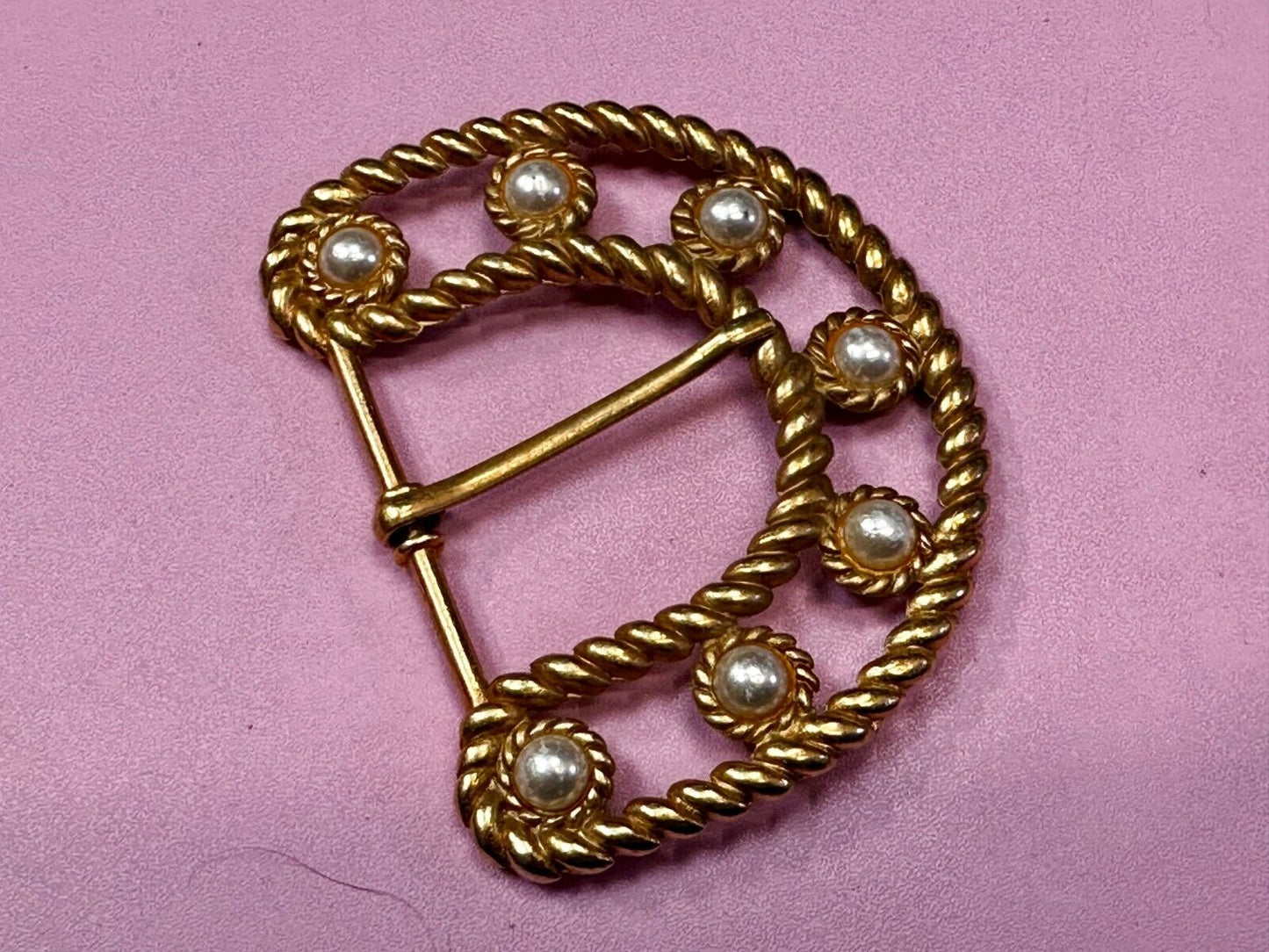 Beautiful Faux Pearl Openwork Rope Border Gold Tone Replacement Belt Buckle