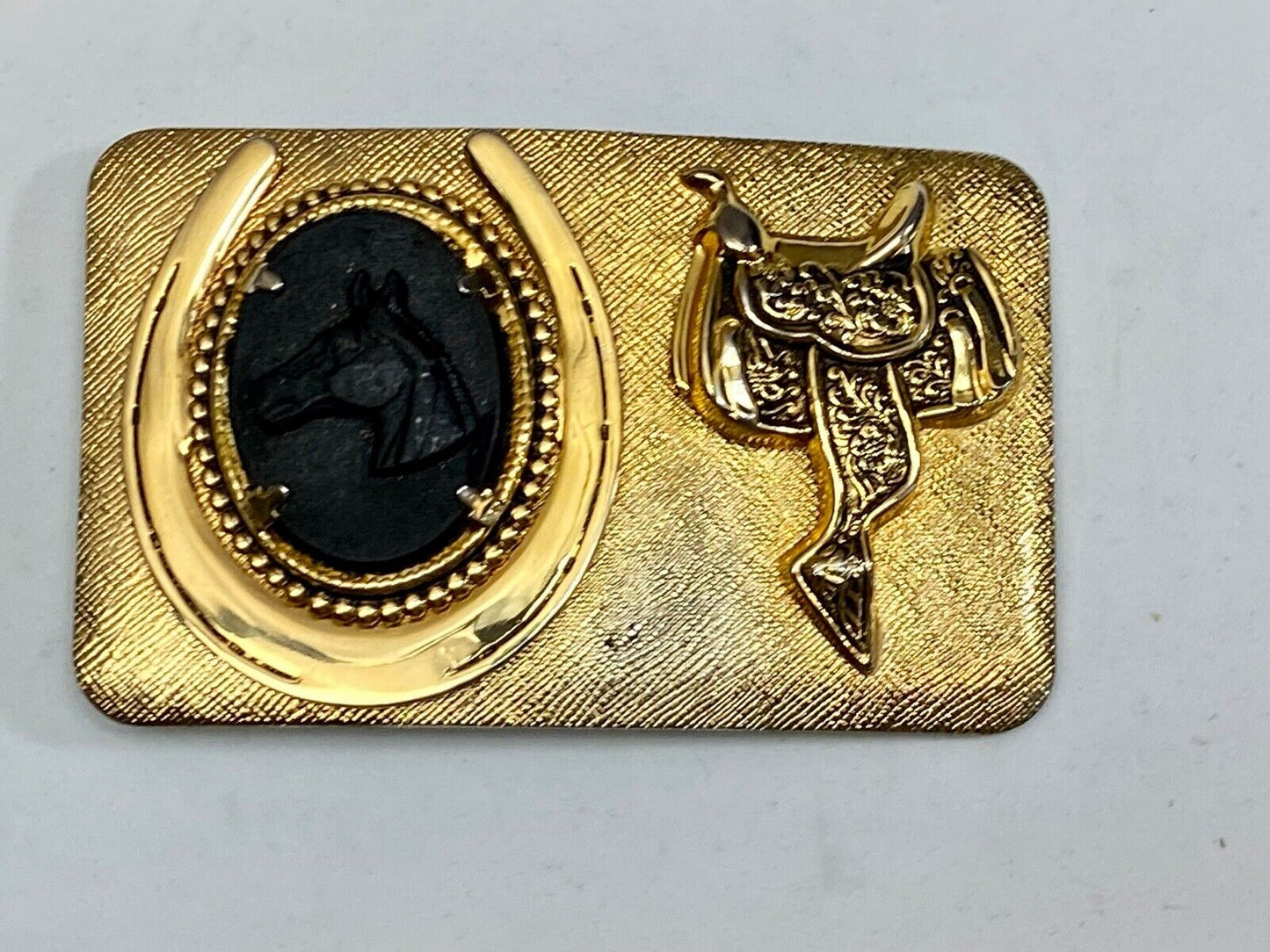 Black Horse Head And Saddle As Centerpiece In Western Gold Tone Belt Buckle