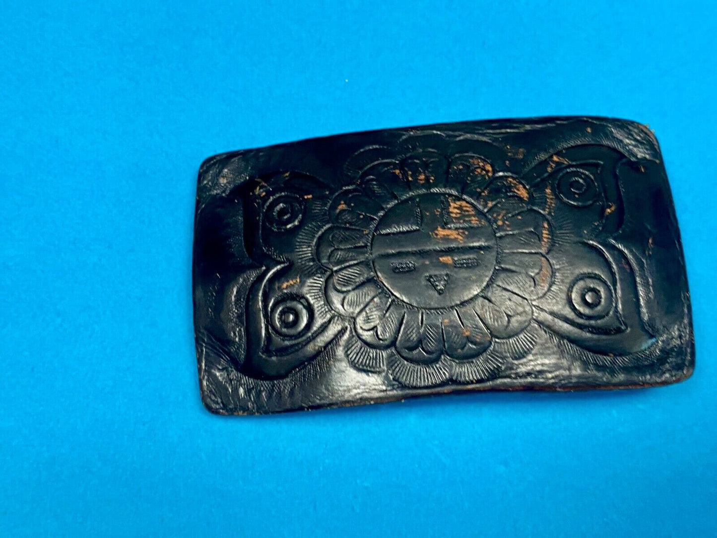 Vintage Black Leather Flower Pattern Belt Buckle