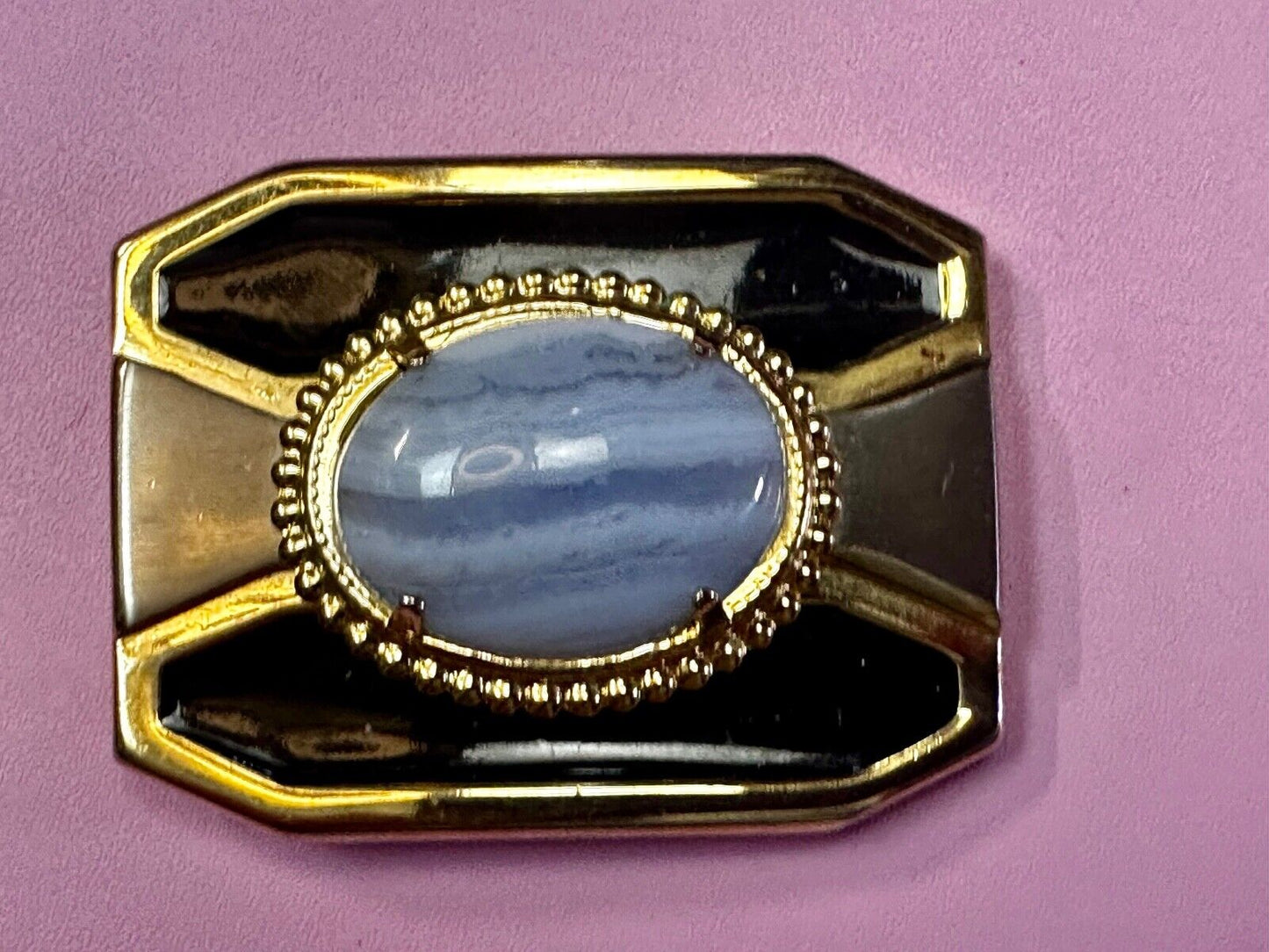 Vintage Blue Lace Agate Cabochon Cab Stone Centerpiece on Western Belt Buckle