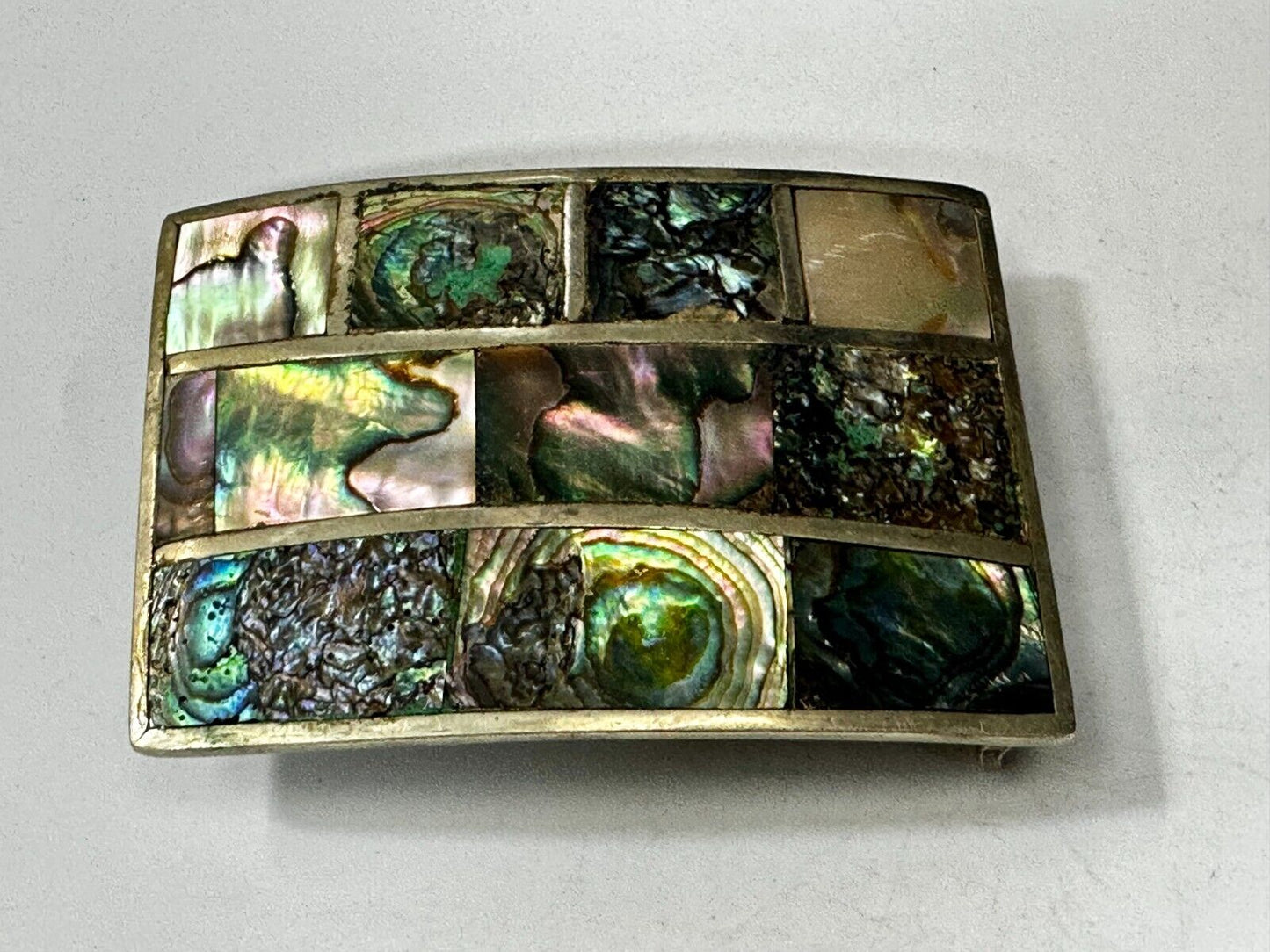 Vintage Abalone Shel Inlaid Silver Tone Large Rectangular Belt Buckle