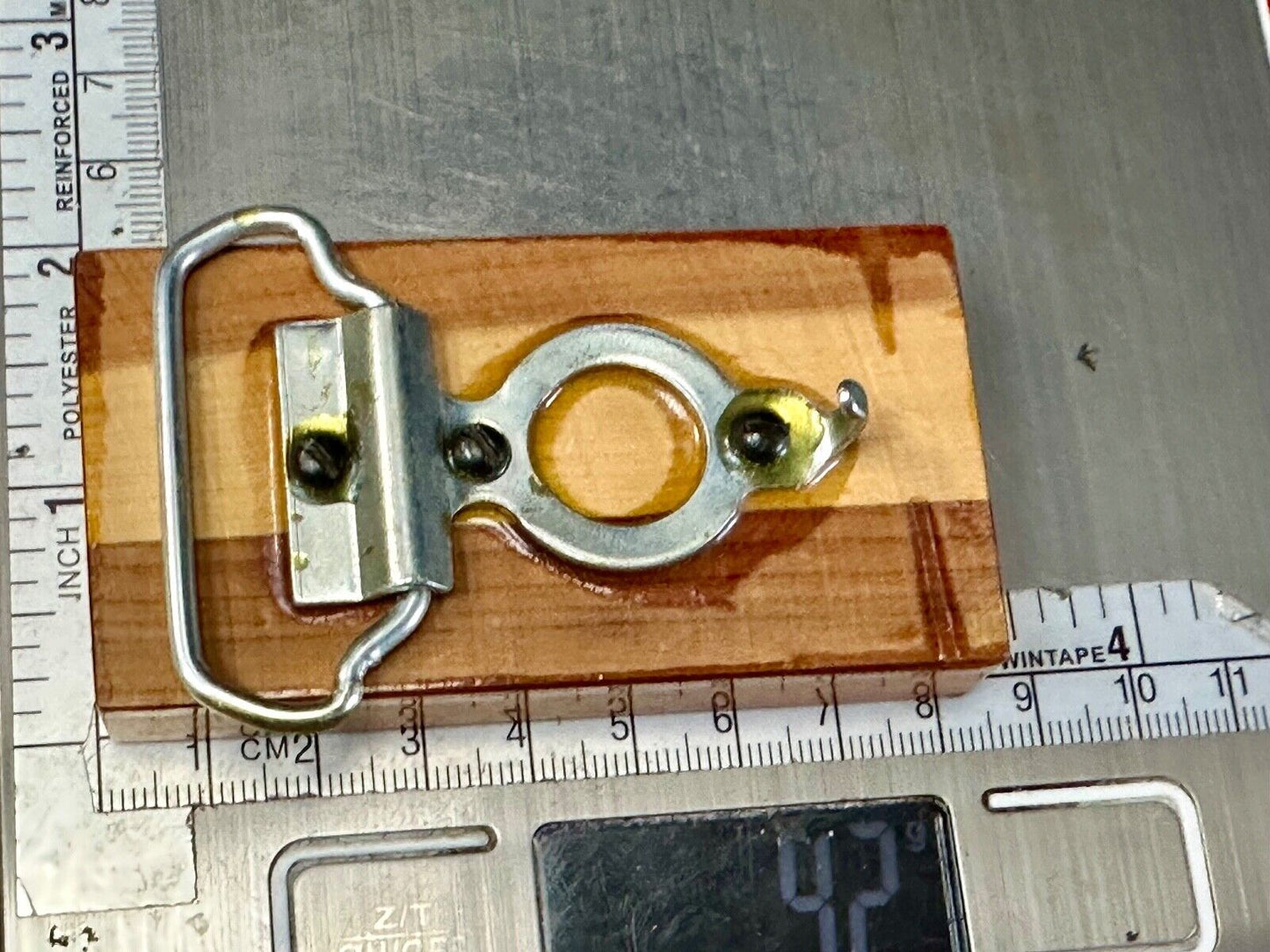 Artisan wood belt buckle with M & P engraved Initials