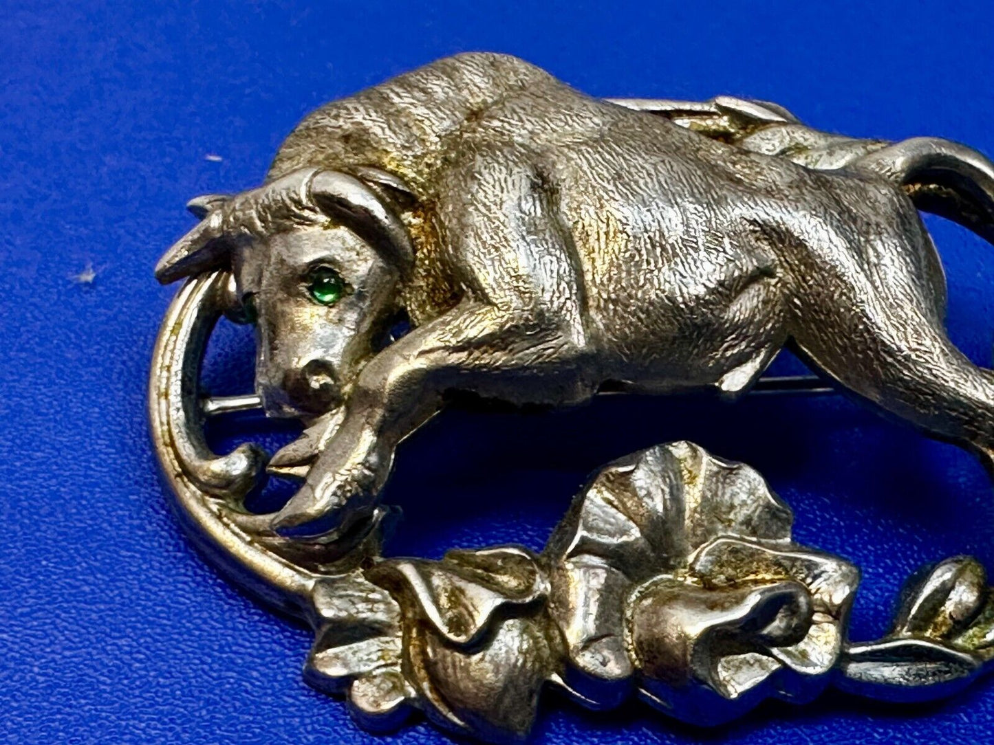 Taurus Bull 2" Wide Green Eyes -9 25 Sterling Silver Vintage Brooch by Otis