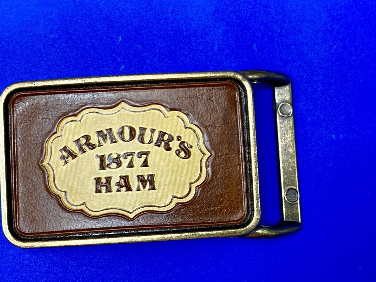Vintage ARMOUR’S 1877 HAM leather and brass tone advertising belt buckle