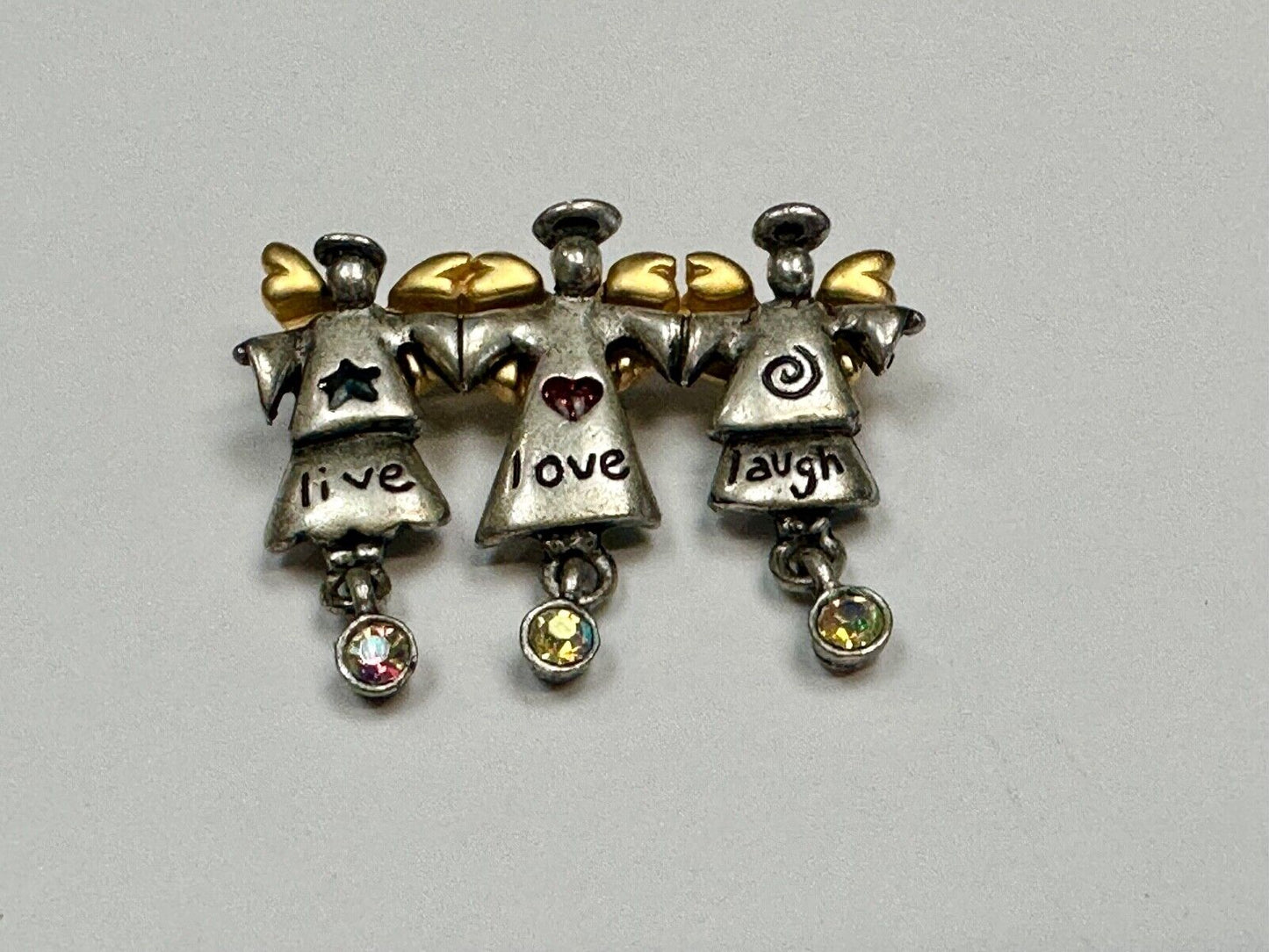 Three Angles - Live Love Laugh , Vintage Christmas Holliday Brooch by AJMC