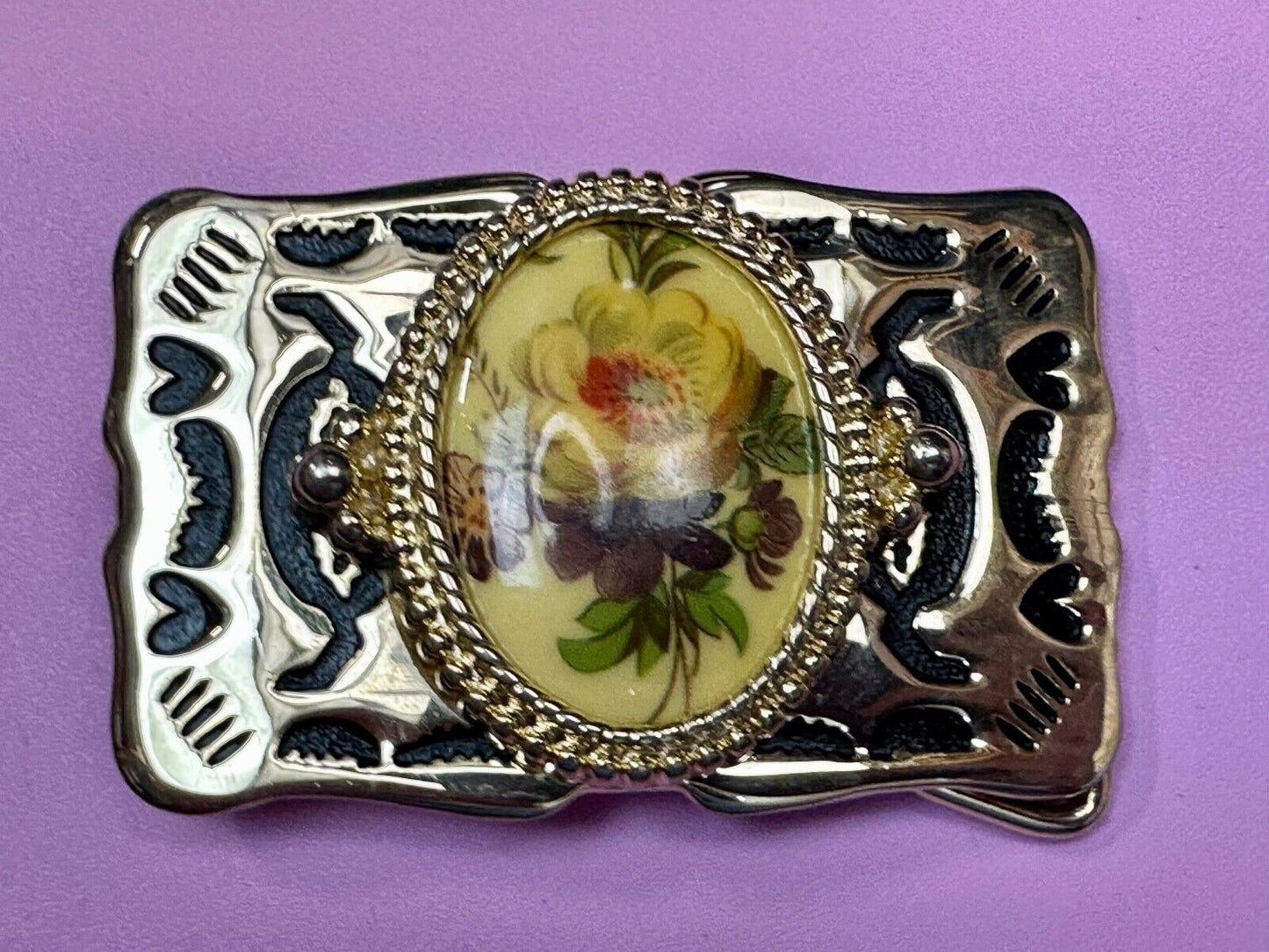 Art Flower Picture Cabochon Cab Centerpiece on gold tone Western Belt Buckle