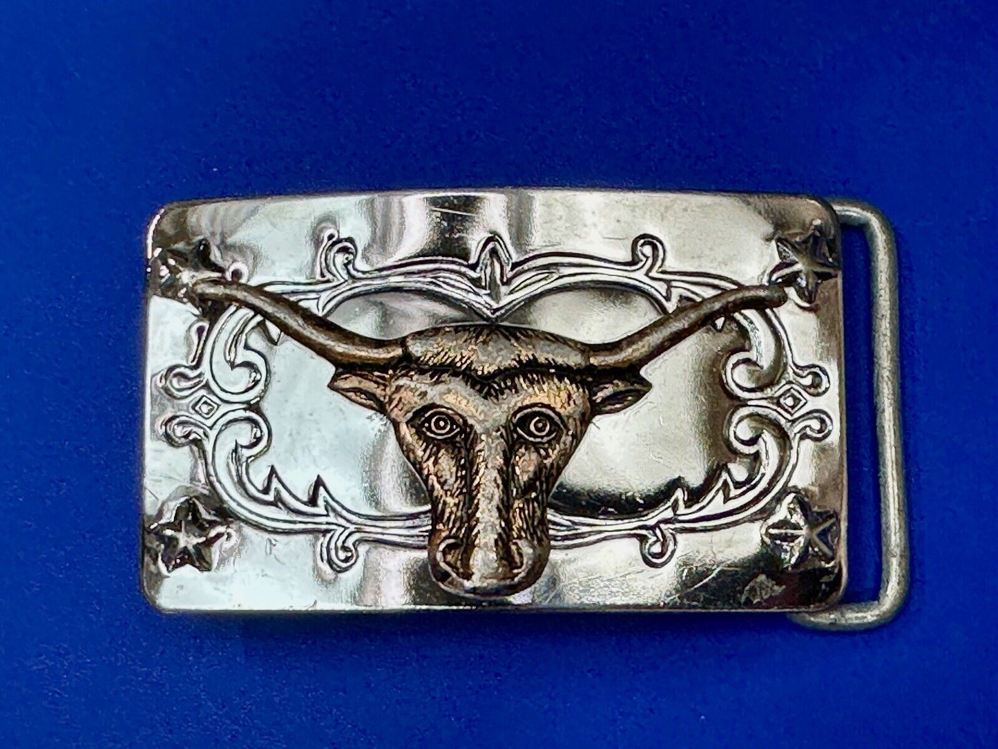 Texas Longhorn Cow Steer on Vintage two tone reflective western Belt Buckle