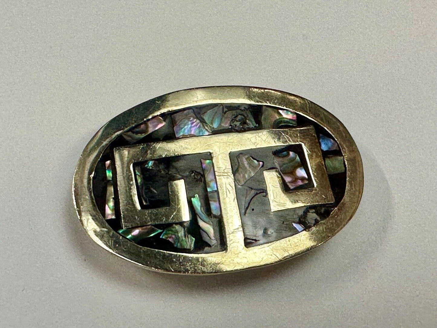Vintage Alpaca Mexico Silver Tone Abalone Shell Pattern Oval belt buckle