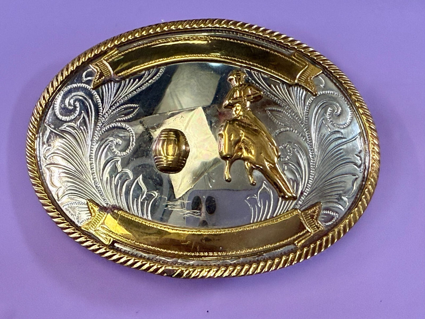 Vintage Barrel Racing Trophy Award Blank Ribbon Vtg. German Silver Belt Buckle