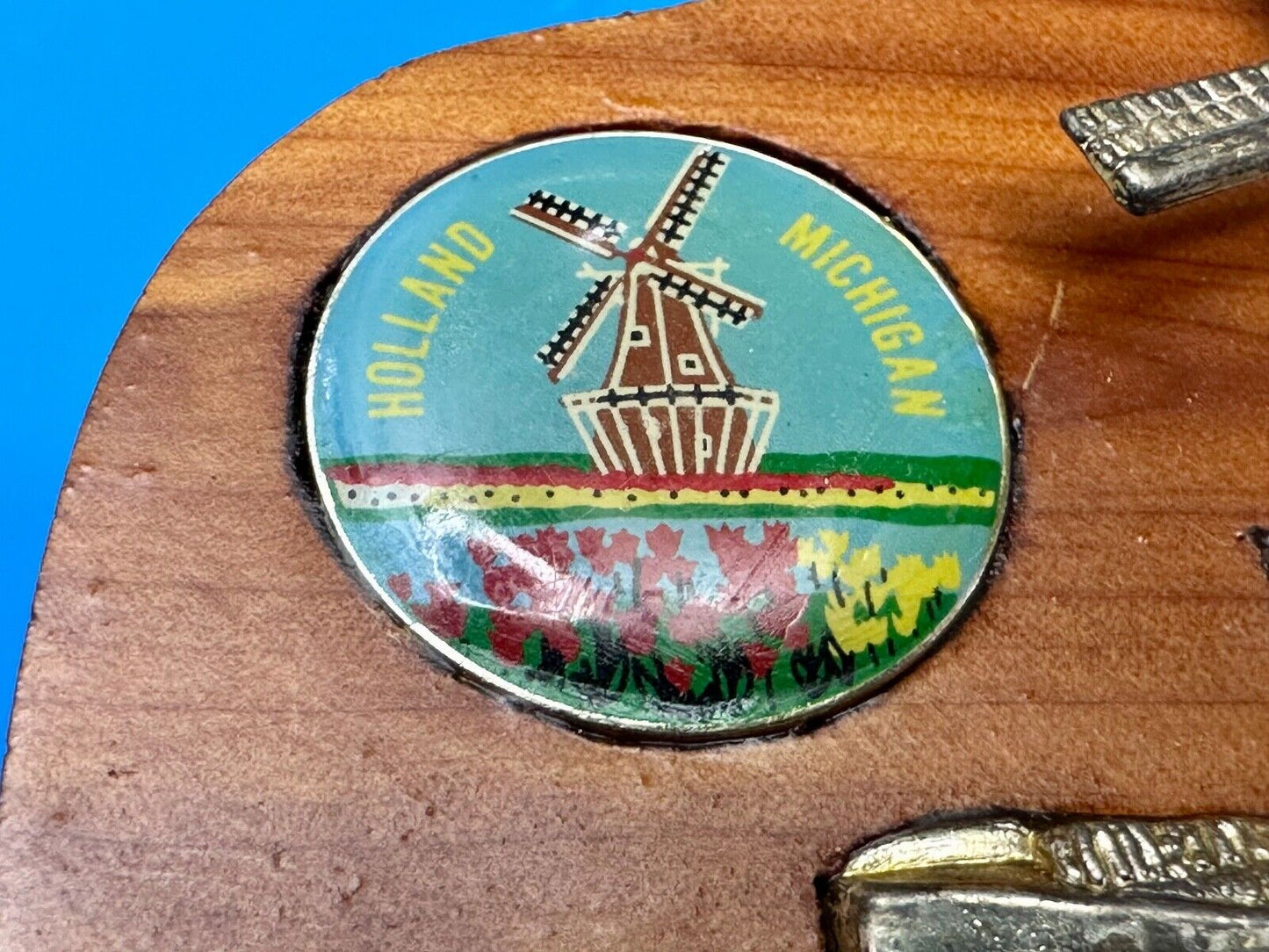 Vintage Artisan Inlaid Holland Michigan Pin and windmill Into wooden Belt Buckle