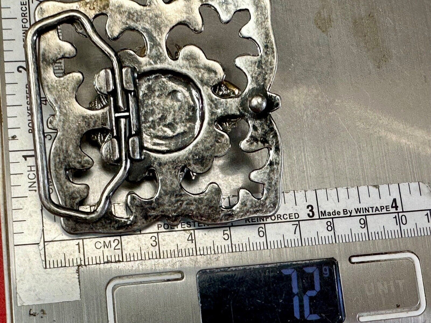 Artisan unique rhinestone mixed media see through silver tone belt buckle