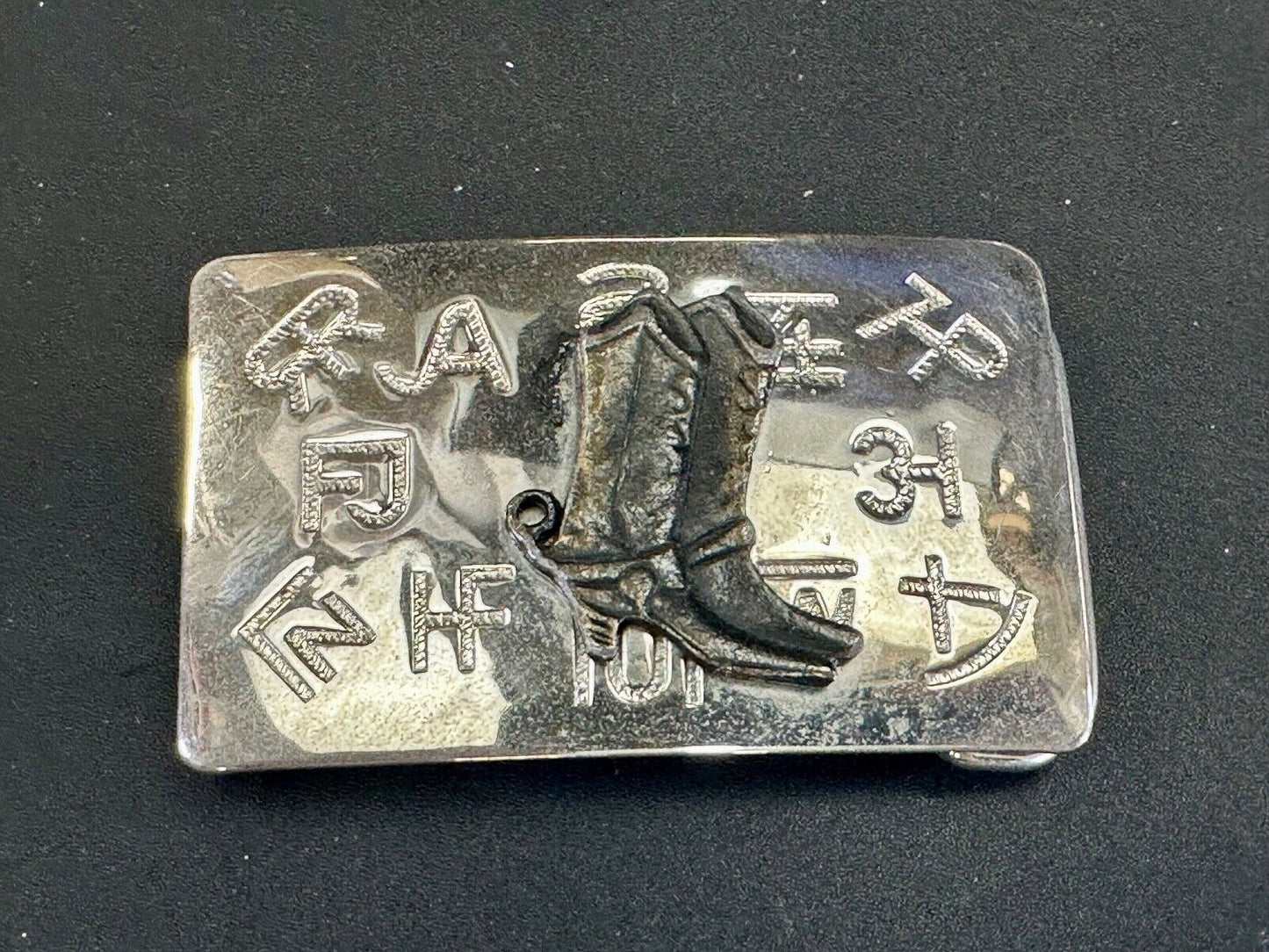 Vintage Chambers Western Cowboy Boots and cattle branding symbols belt buckle