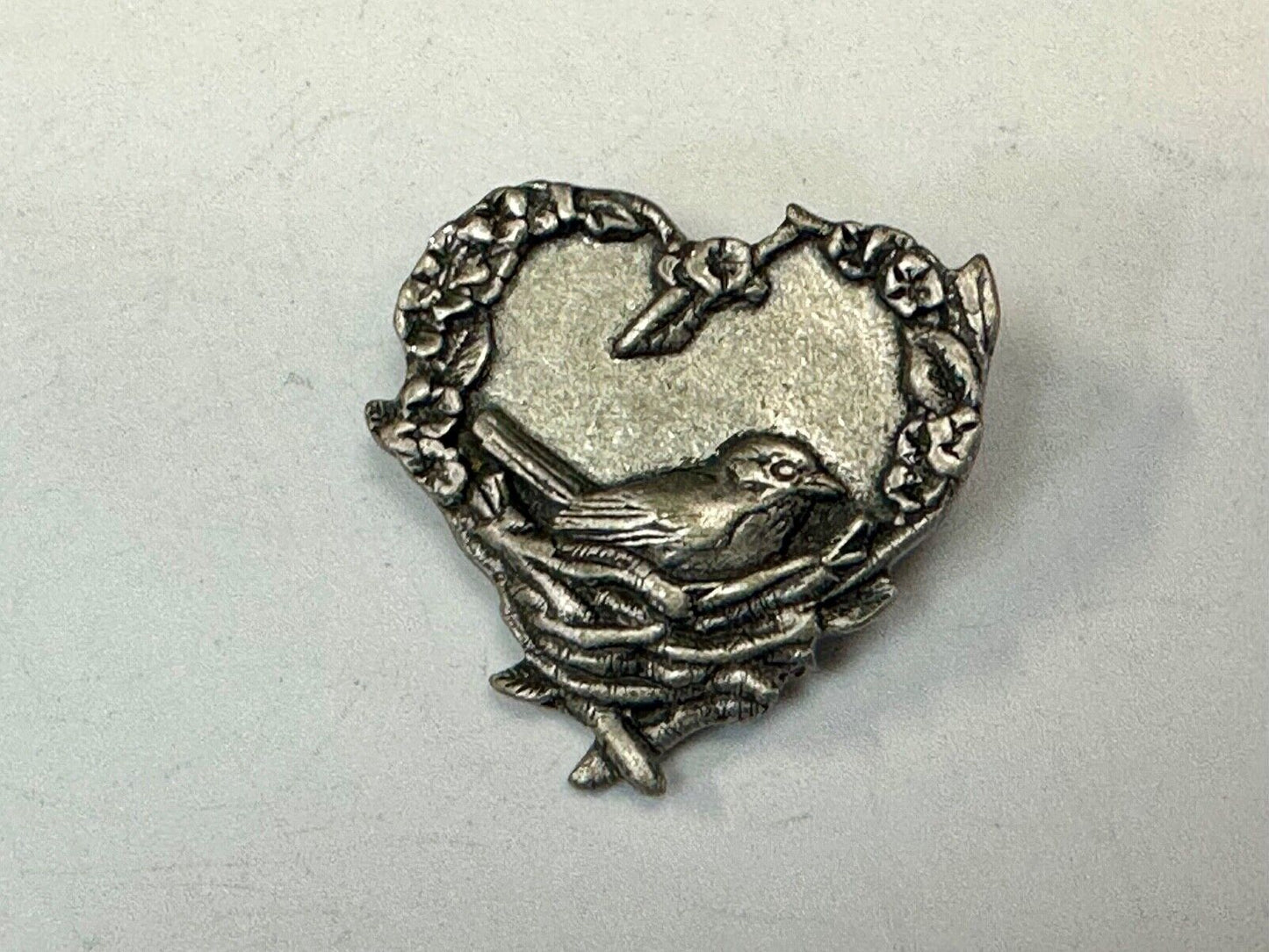 Adorable bird growing eggs in nest vintage birds and blooms pewter pin