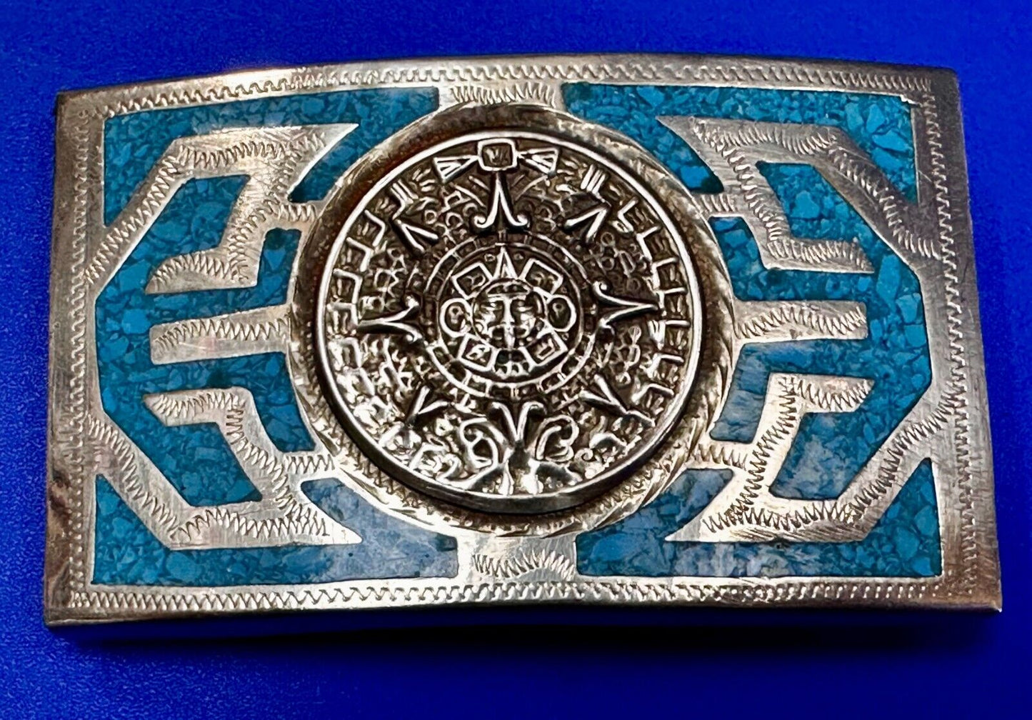 Aztec Mayan Calendar Sun Turquoise Inlay Southwestern Vintage Belt Buckle