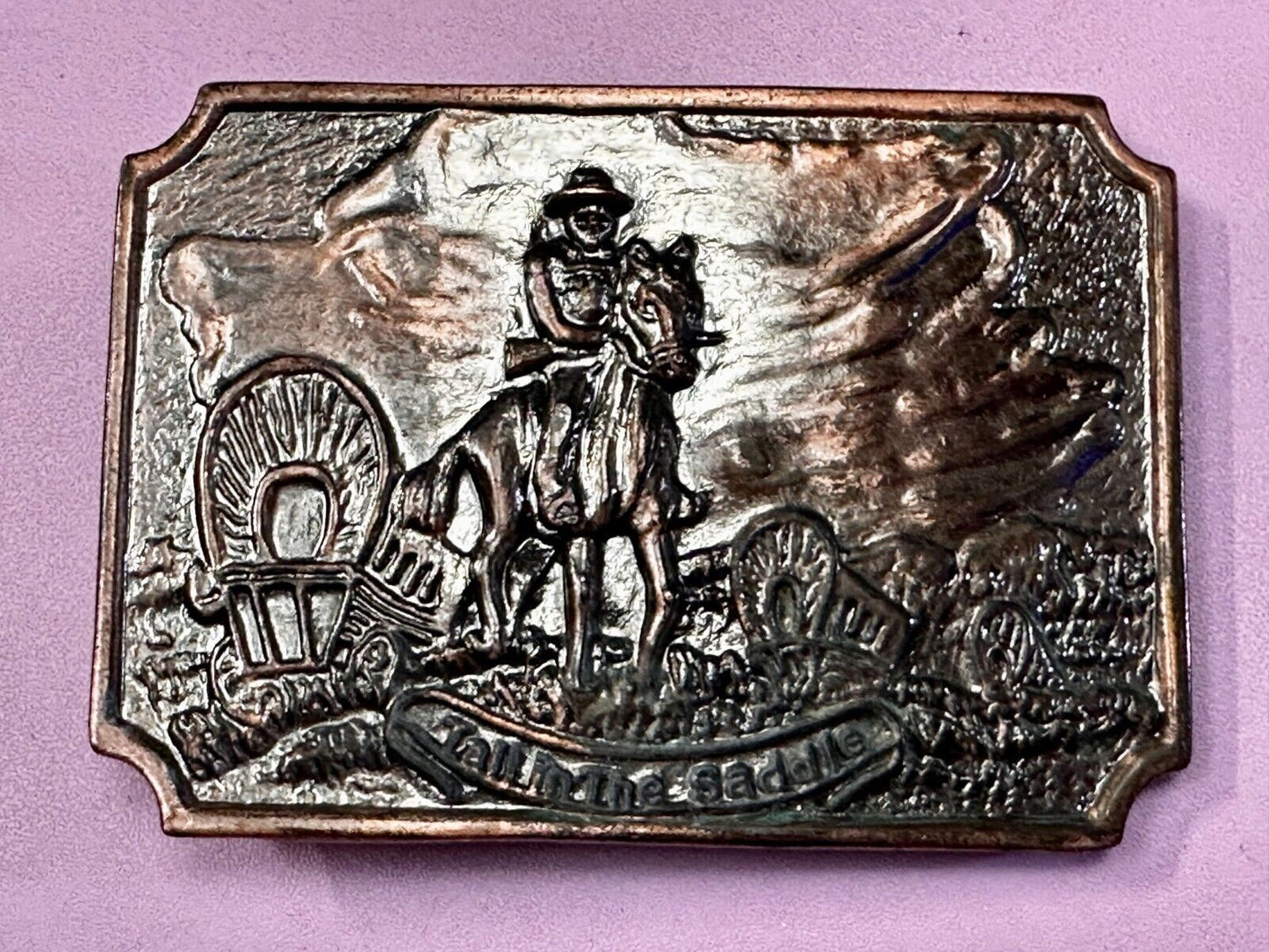 Tall in the Saddle Wagon Cowboy Horse Western Art Scene Vintage Belt Buckle