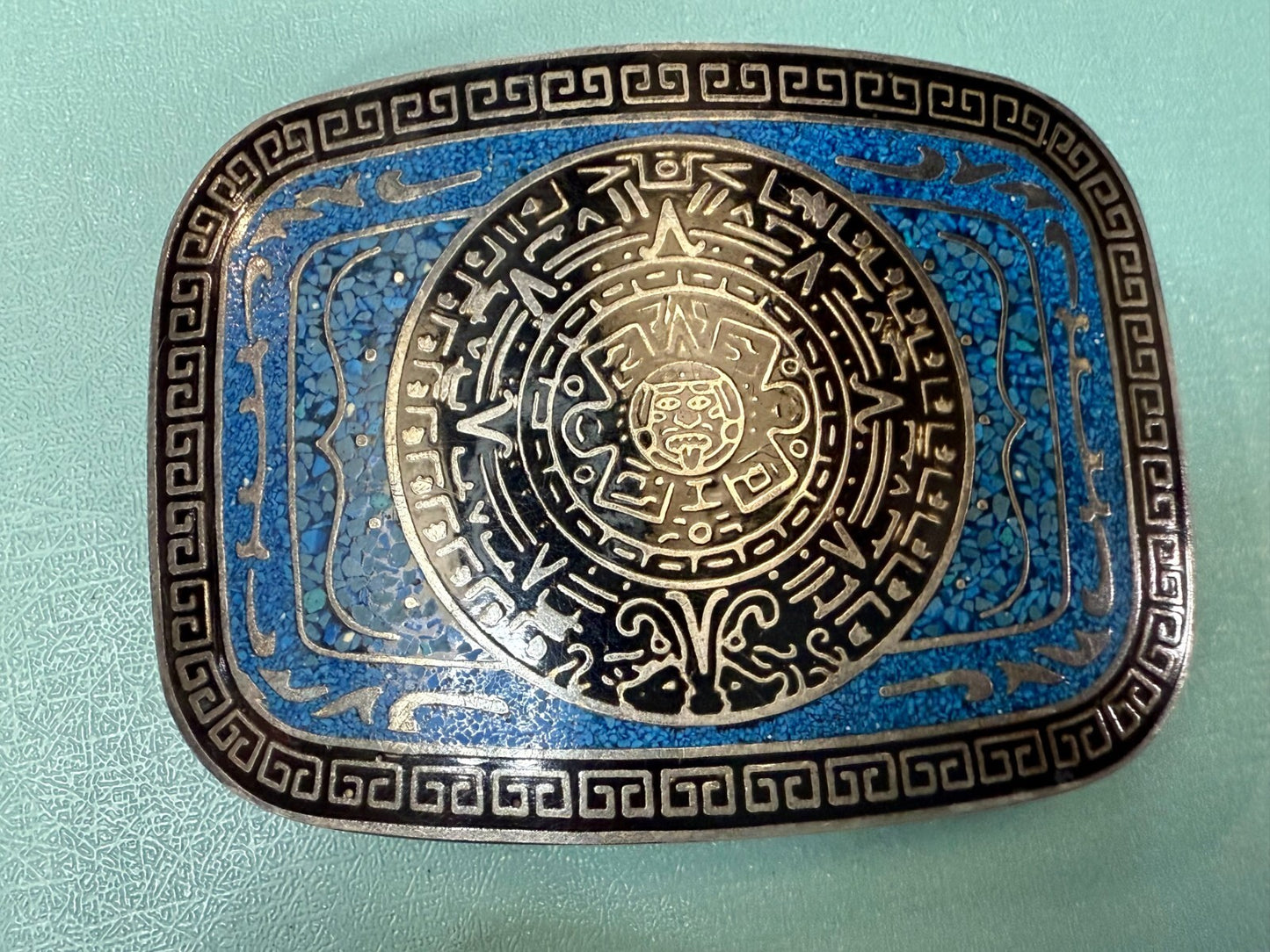 Aztec Mayan Calendar Turquoise Chip Inlay Tribal Art Belt Buckle Mexico Made