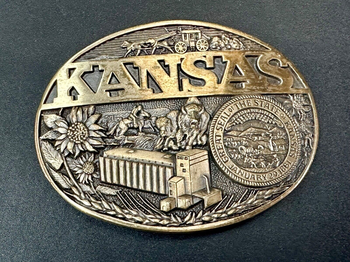 The Great State of Kansas Vintage Solid Brass ADM Belt Buckle