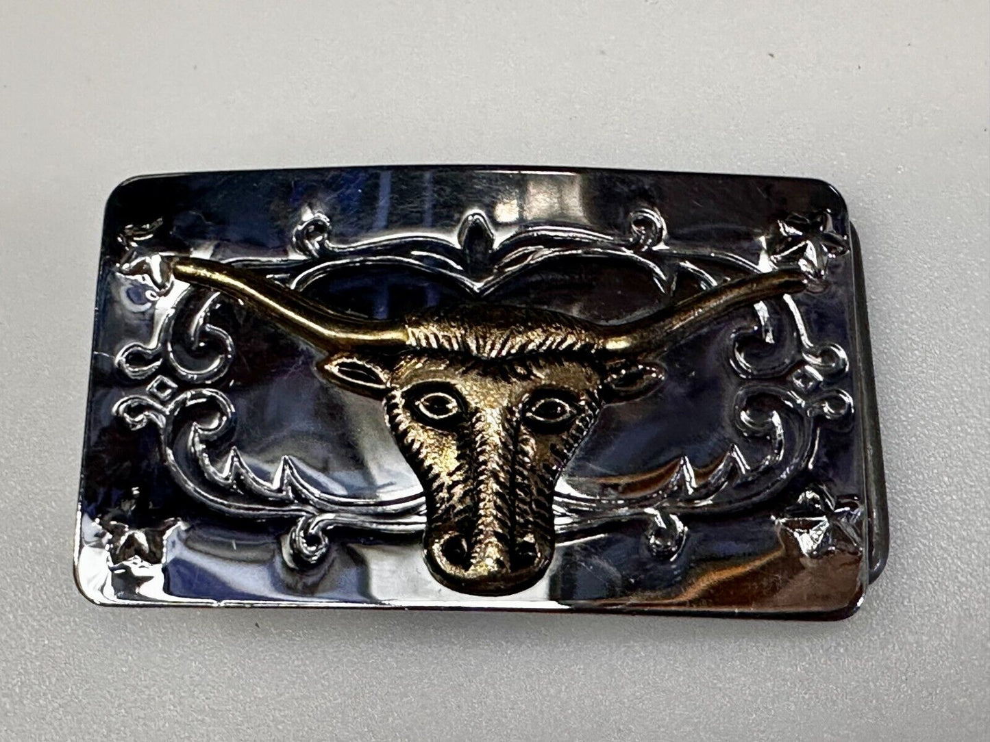 Texas Longhorn Steer Bull Rodeo Two Tone Ornate Western Small Vtg. Belt Buckle