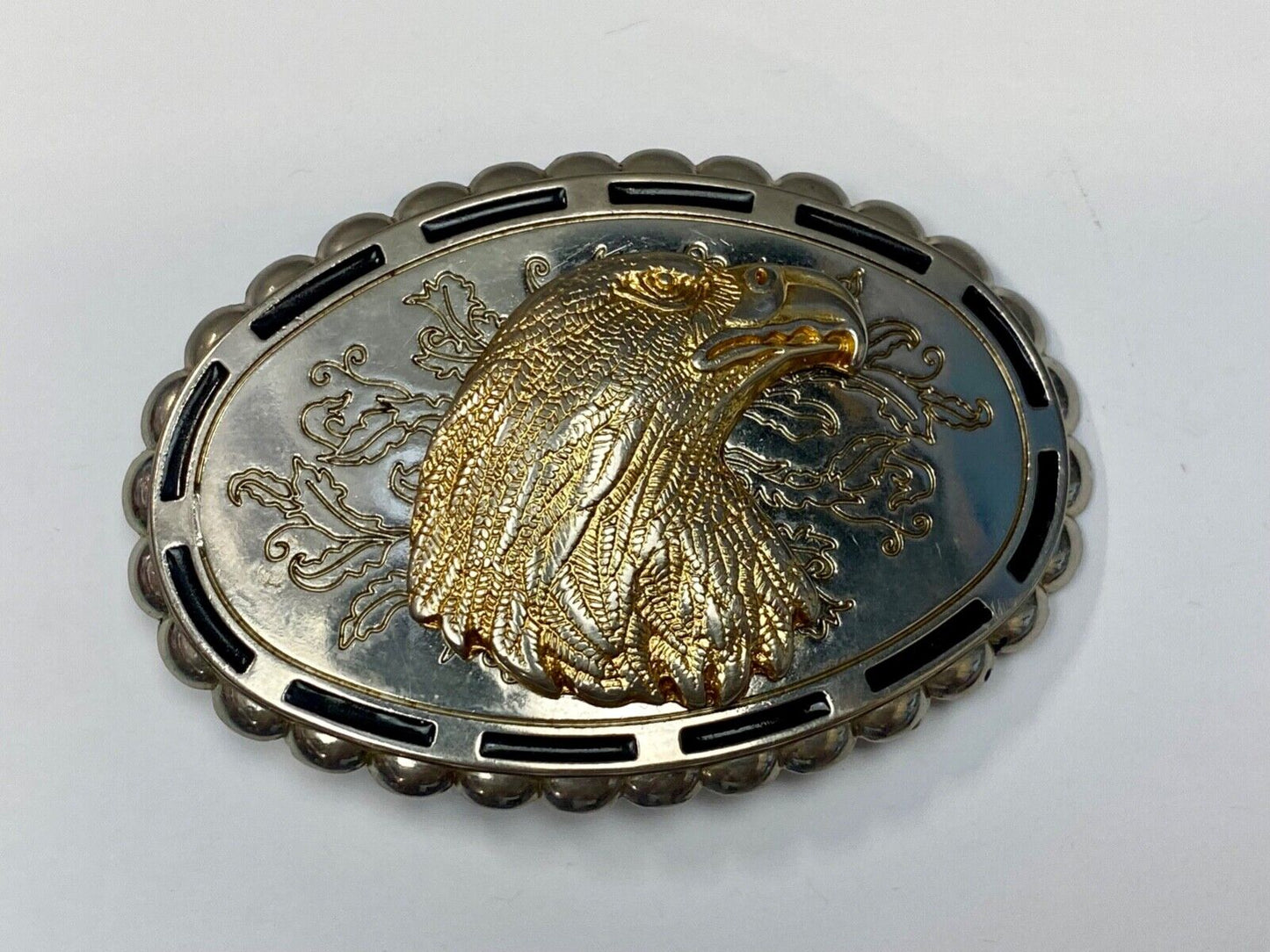 Bald Eagle head Patriotic western oval black accented boarder belt buckle