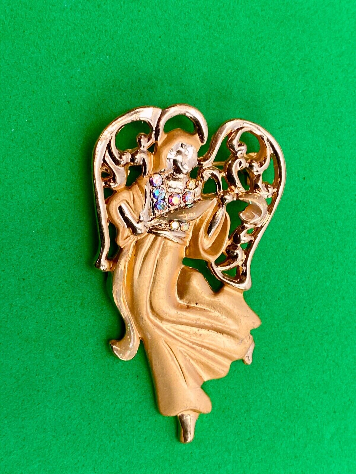 Vintage Angel Brooch Pin Gold Tone Rhinestones Signed AAI