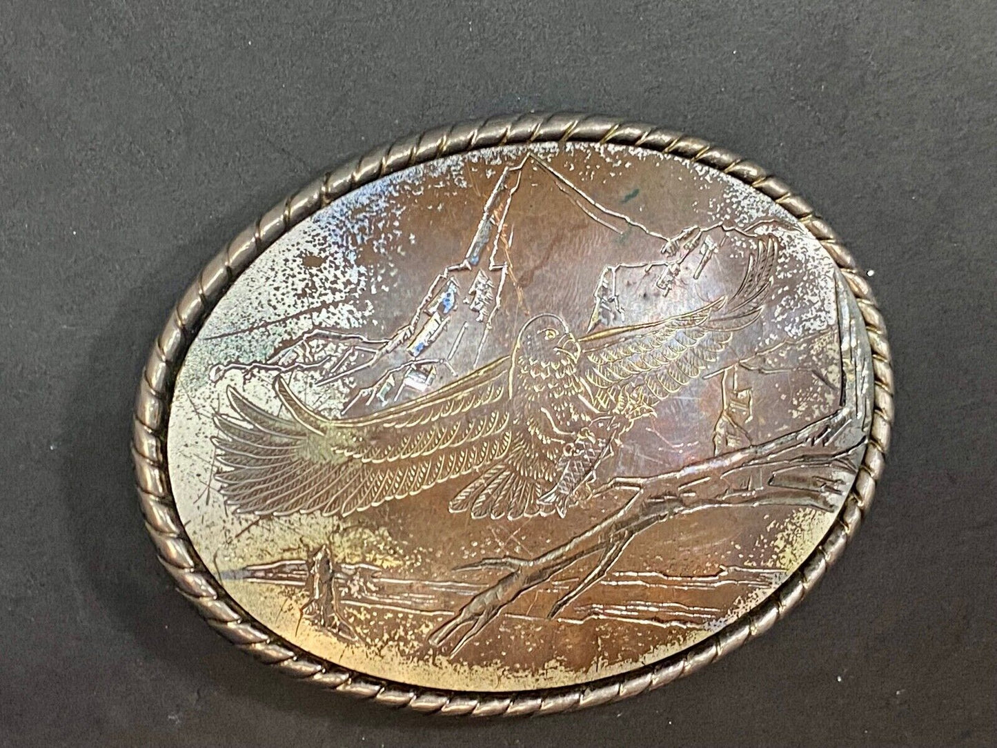 Vintage Engraved Western Ware Eagle Over Mountainside Belt Buckle Signed W