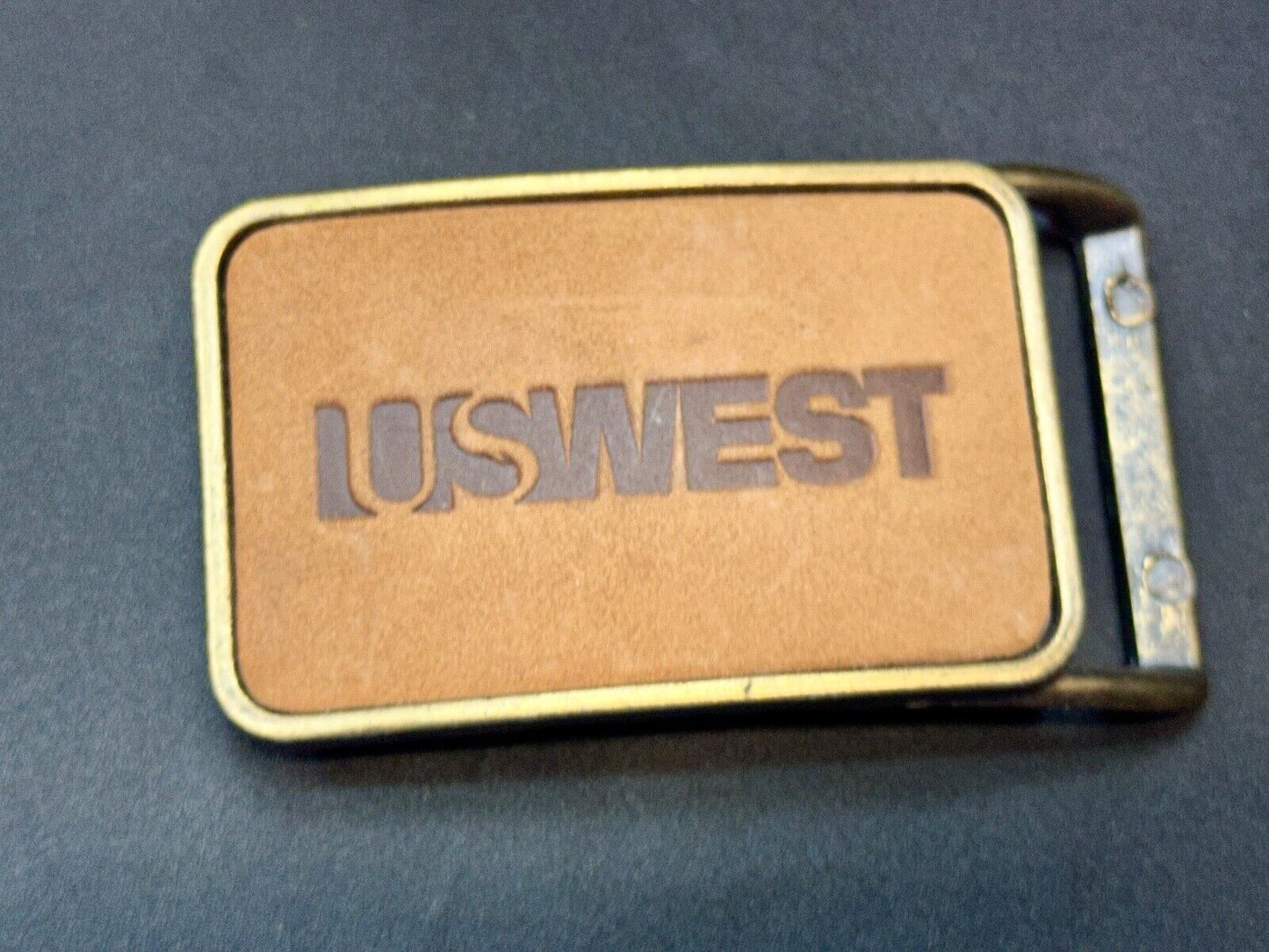 US WEST Telephone Service Company Promo Vintage Leather & Brass Tone Belt Buckle