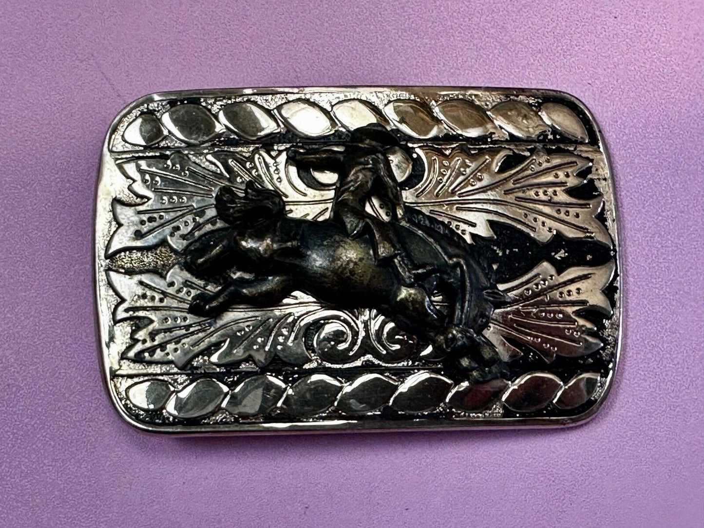 Vintage Cowboy on bucking bull bronc western two tone belt buckle