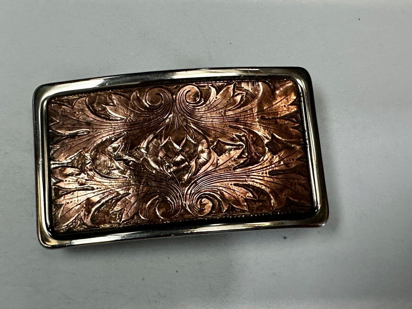 Vintage etched brown leaf pattern two tone Belt Buckle