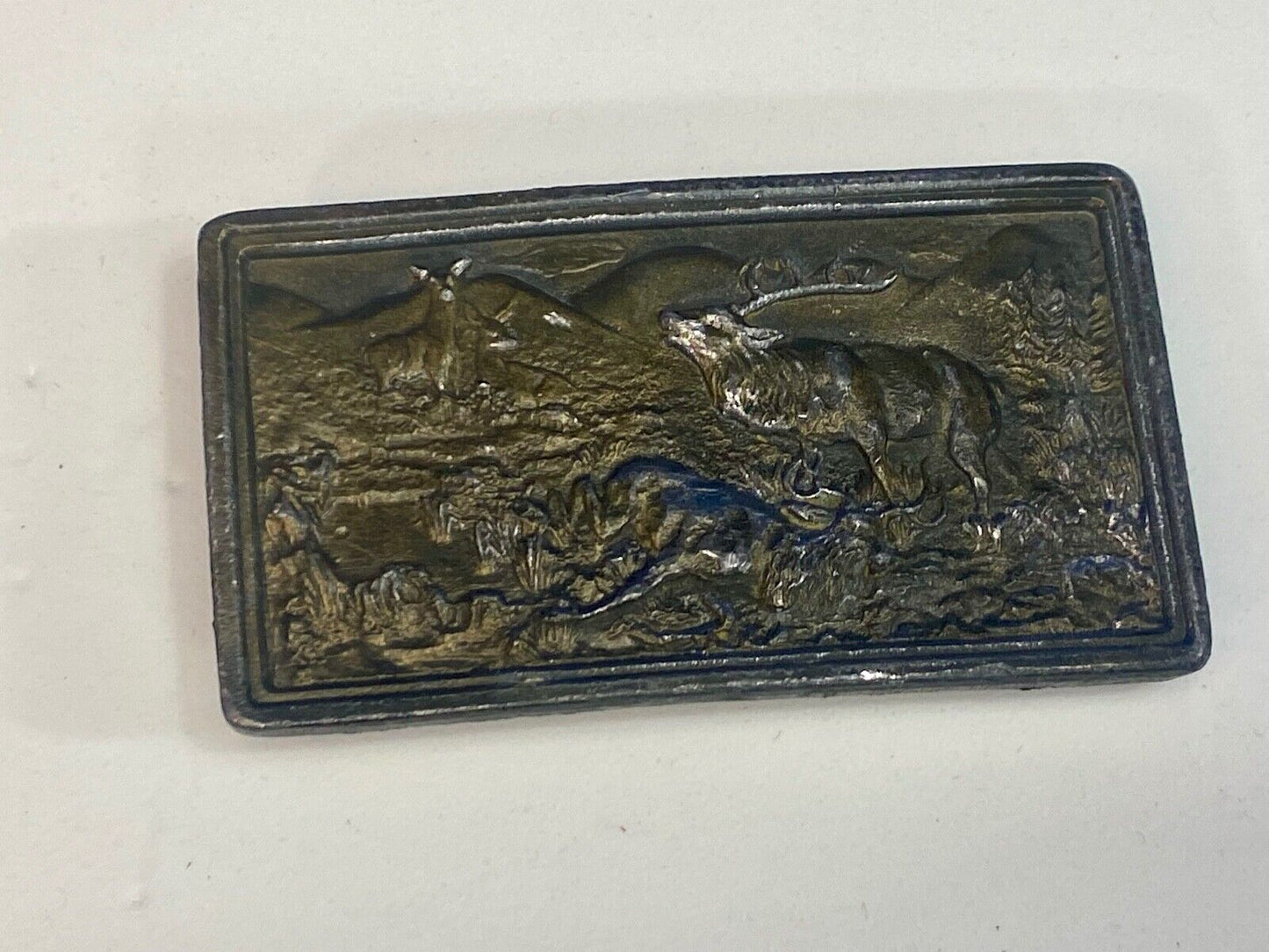 Vintage 1977 Elk Deer Hunting In Nature Belt Buckle By Bergamot Brass Works