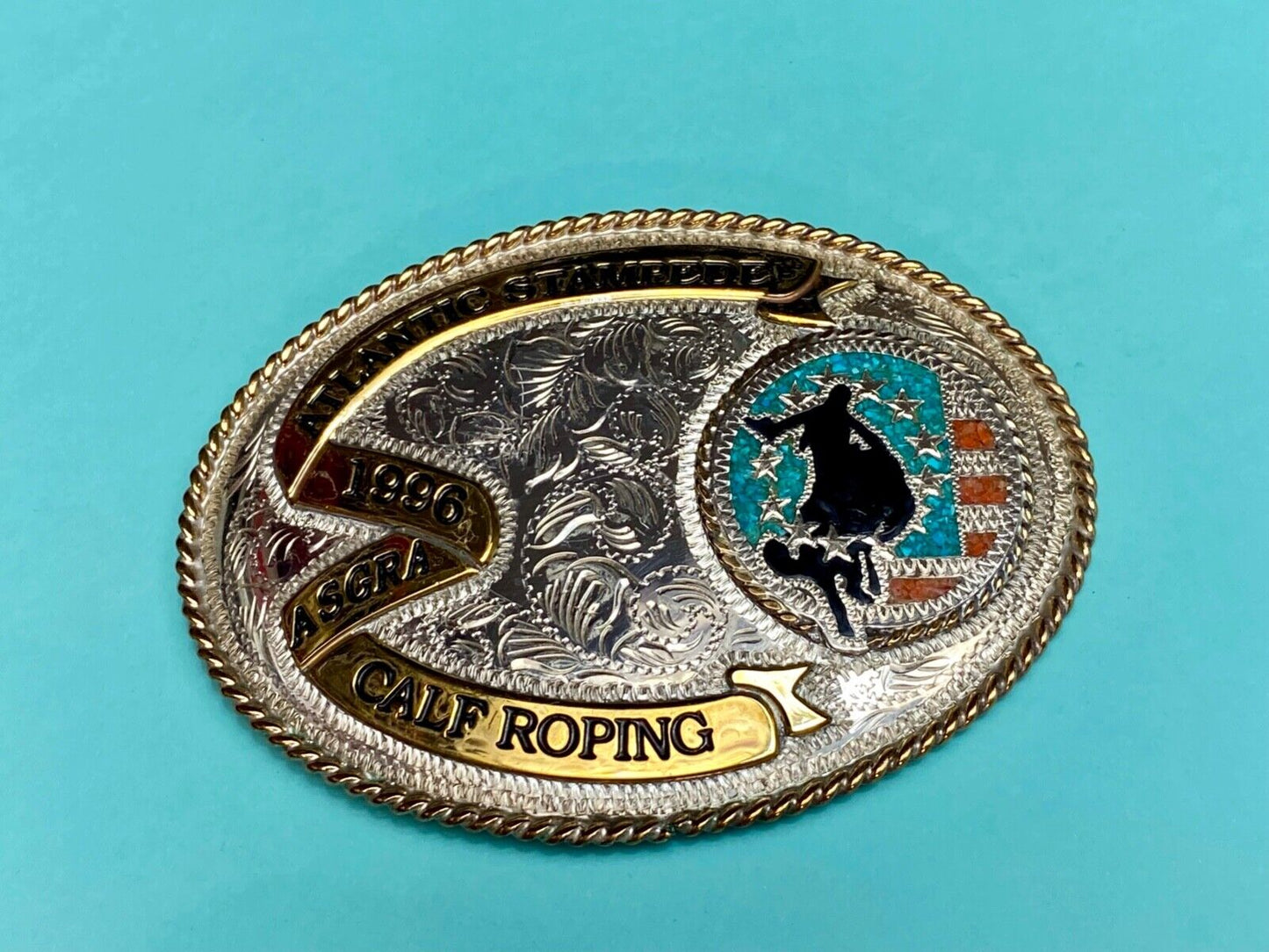 1996 ASGRA Calf Roping Atlantic Stampede turquoise coral belt buckle - JACKSON
