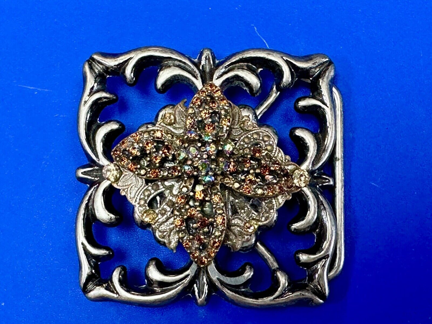 Artisan unique rhinestone mixed media see through silver tone belt buckle