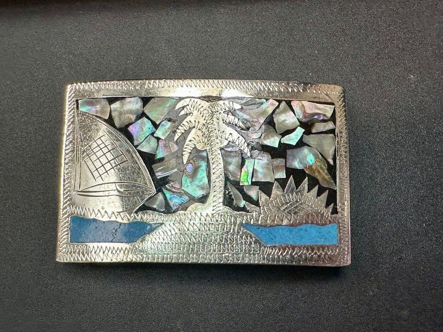 Beach Scene with Palm Tree - Inlaid Turquoise, Abalone Shell Vintage belt buckle