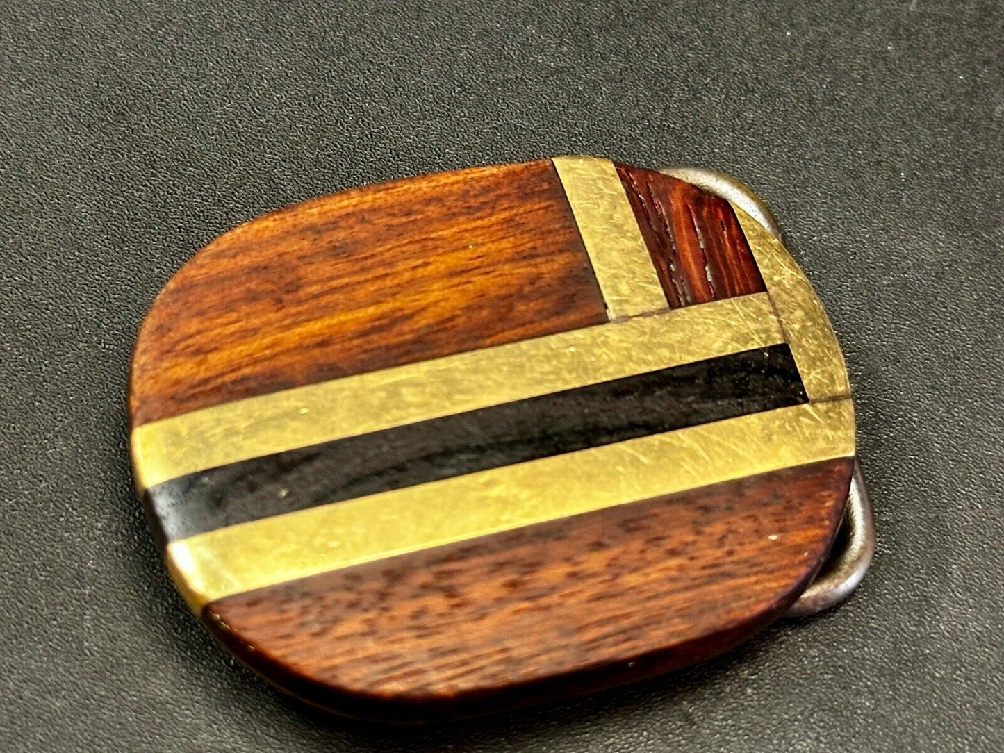 Vintage Artisan Inlay Mixed Wood And Solid Brass Small Belt Buckle
