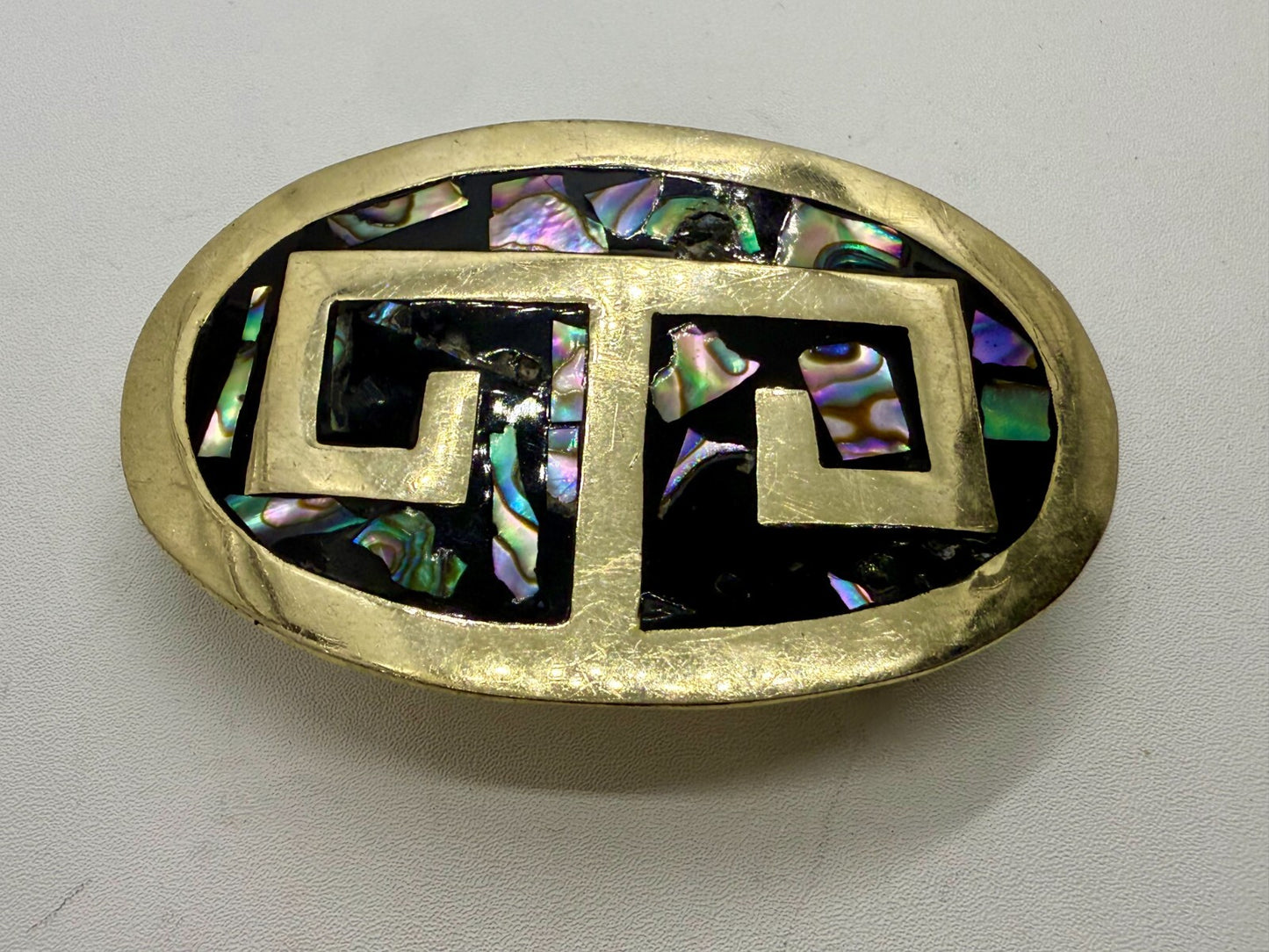 Vintage Alpaca Mexico Silver Tone Abalone Shell Pattern Oval Belt Buckle